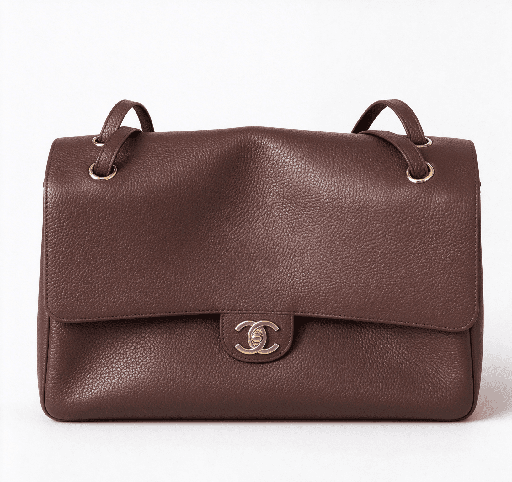 Chanel Cerf dark brown lychee leather briefcase vintage flip gold buckle commuter handbag
