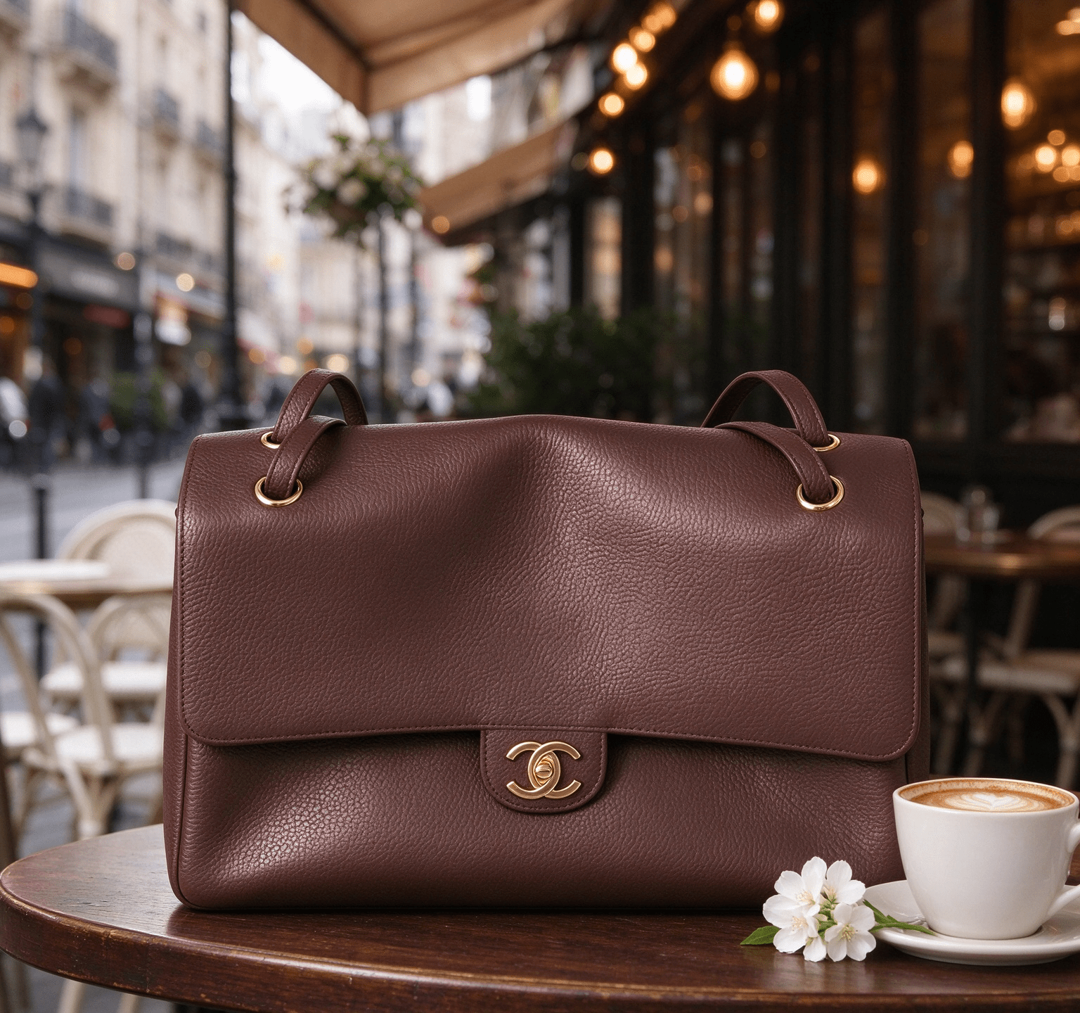 Chanel Cerf dark brown lychee leather briefcase vintage flip gold buckle commuter handbag 图 3