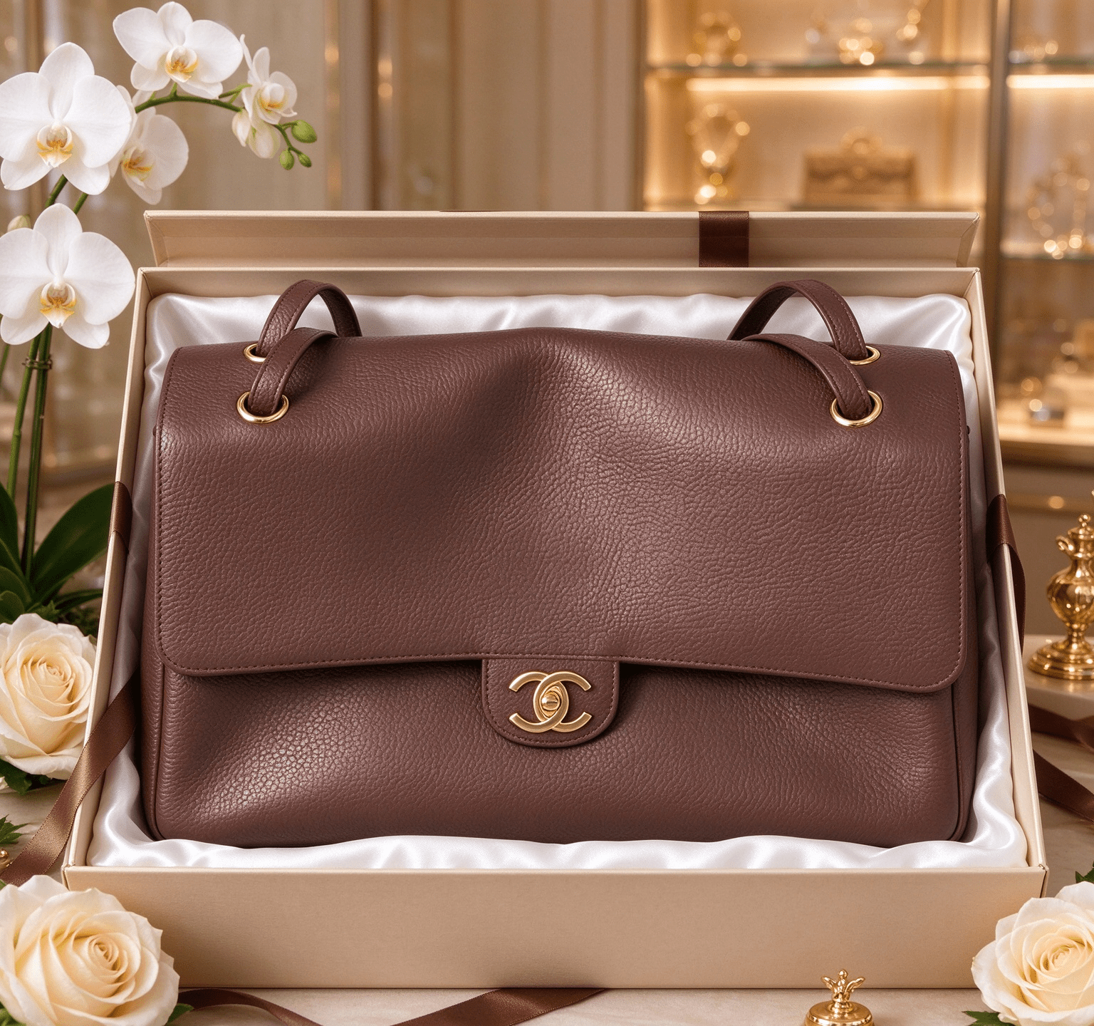 Chanel Cerf dark brown lychee leather briefcase vintage flip gold buckle commuter handbag