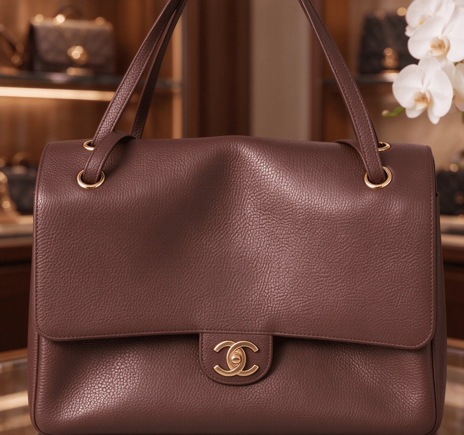 Chanel Cerf dark brown lychee leather briefcase vintage flip gold buckle commuter handbag 图 2