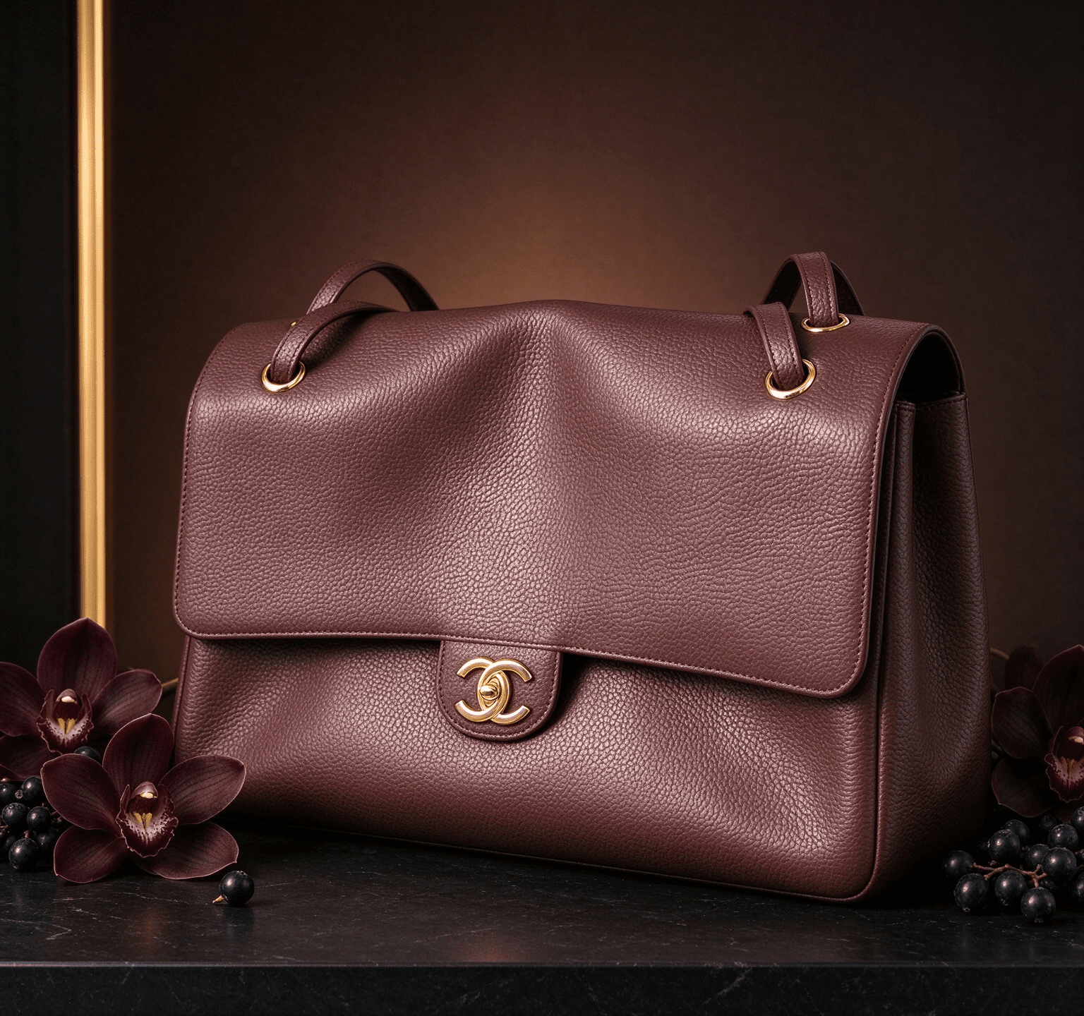 Chanel Cerf dark brown lychee leather briefcase vintage flip gold buckle commuter handbag 图 6