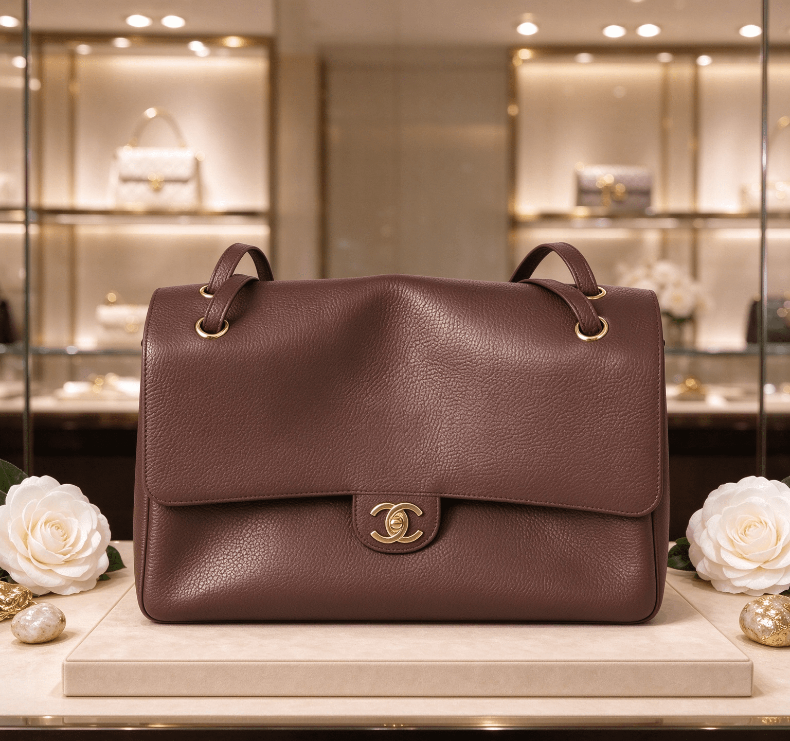 Chanel Cerf dark brown lychee leather briefcase vintage flip gold buckle commuter handbag 图 5