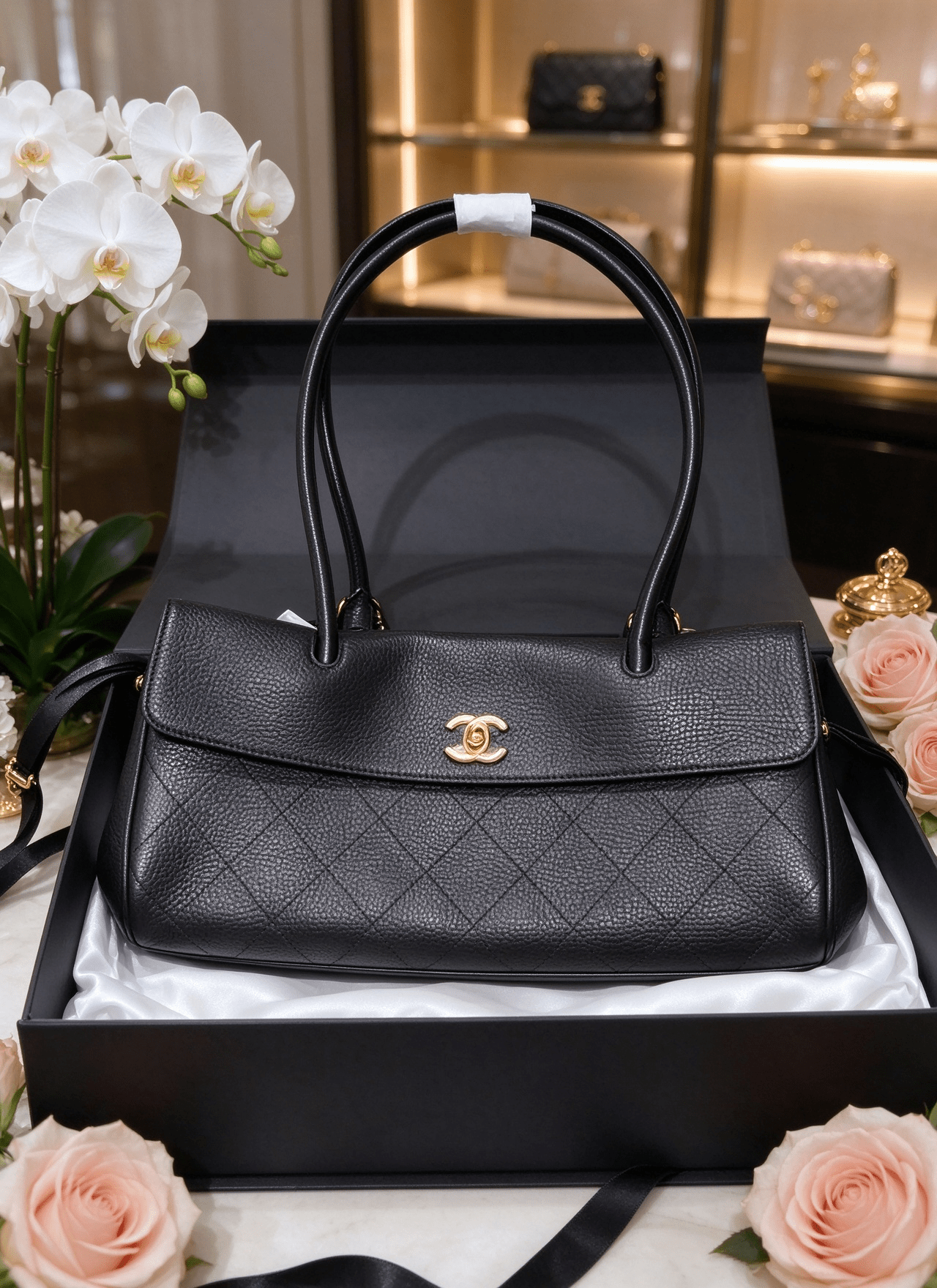 Chanel black diamond cowhide handbag vintage flip gold buckle commuter bag