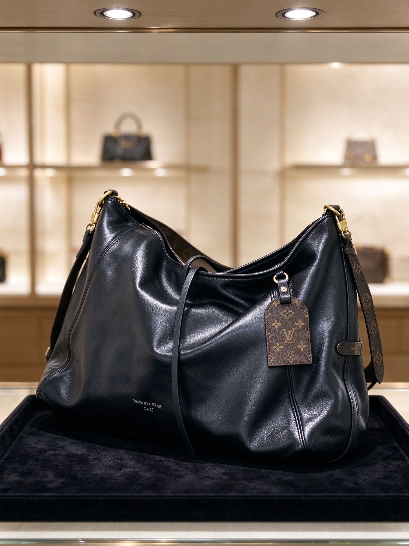 LV Louis Vuitton Black Glossy Soft Leather Hobo Tote Bag Floral Wide Shoulder Strap Large Capacity Shoulder Underarm Bag 图 3
