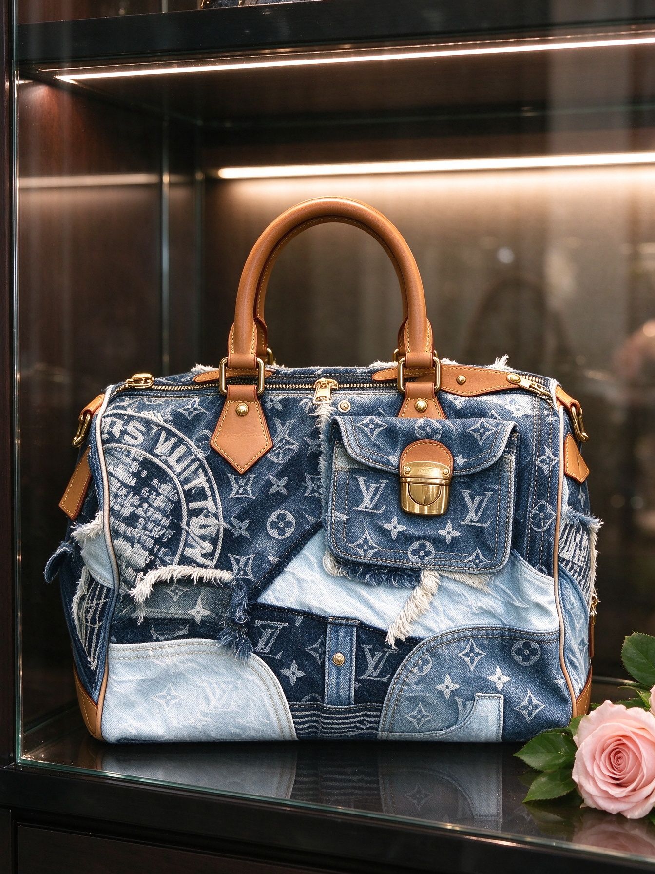 LV Louis Vuitton Tas Boston Pola Sambungan Denim Tas Patch Denim Kerut Antik
