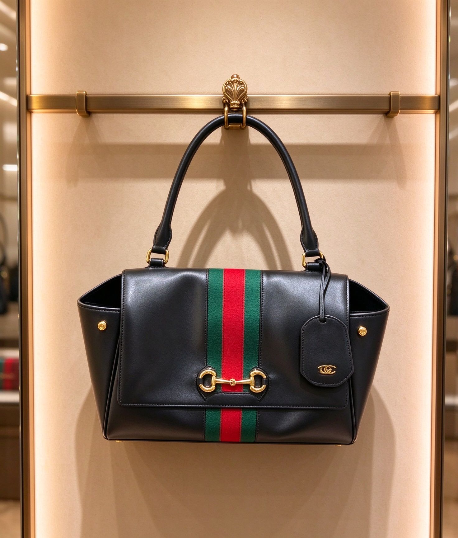 GUCCI Gucci  Horsebit Móc khóa ngựa màu đen đầy đủ túi tote than bùn Túi xách vai công suất cao dệt màu đỏ và xanh lá cây cổ điển 图 4
