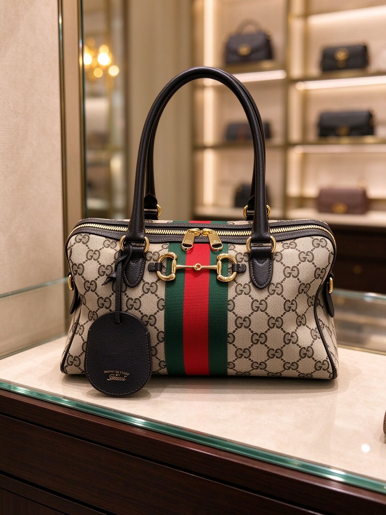 Gucci Borsetto Medium Boston bag GG Pegasus buckle red and green band handbag 图 5