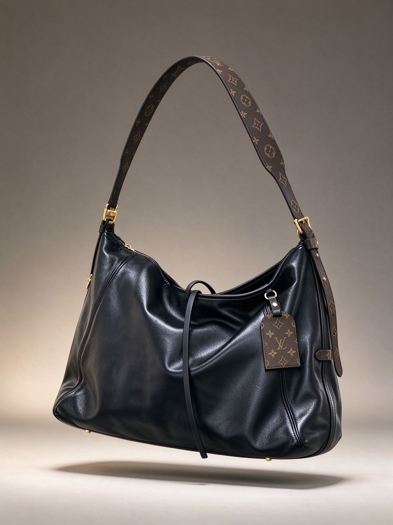 LV Louis Vuitton Black Glossy Soft Leather Hobo Tote Bag Floral Wide Shoulder Strap Large Capacity Shoulder Underarm Bag