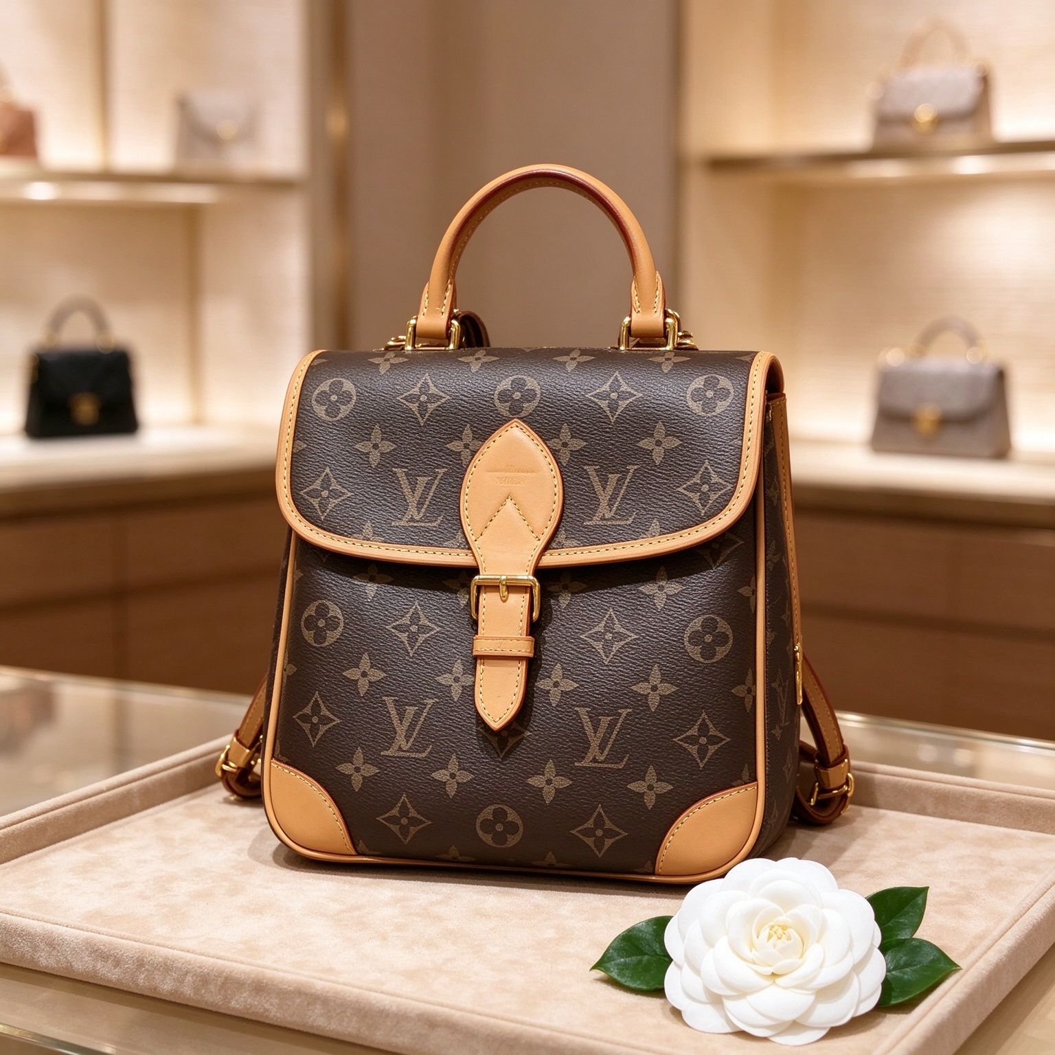 LV Louis Vuitton Monogram Flap Backpack Vintage Vegetable Tanned Leather Handbag Mini Backpack for Women 图 5