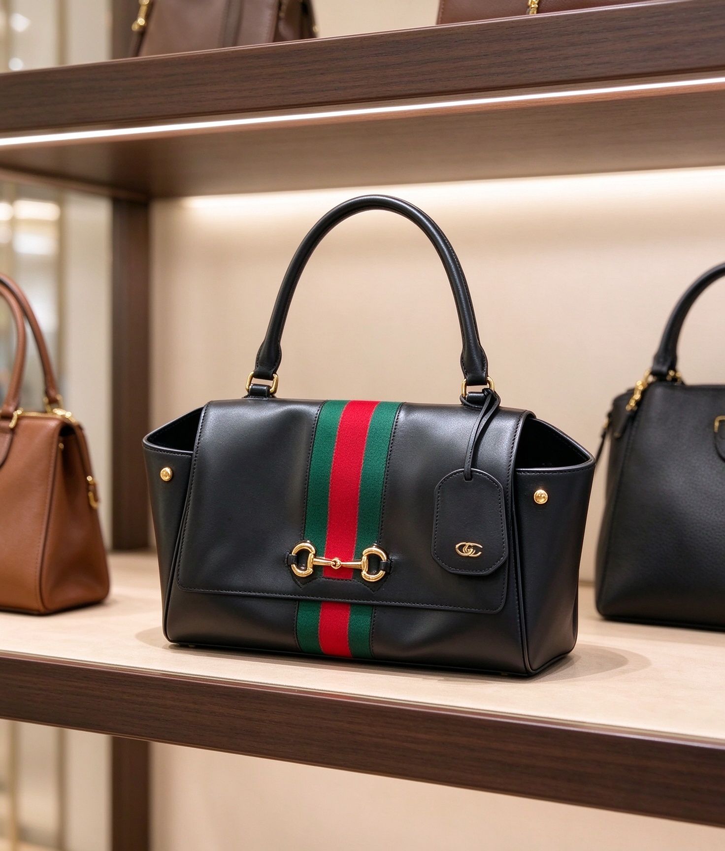 GUCCI Gucci  Horsebit Móc khóa ngựa màu đen đầy đủ túi tote than bùn Túi xách vai công suất cao dệt màu đỏ và xanh lá cây cổ điển 图 5