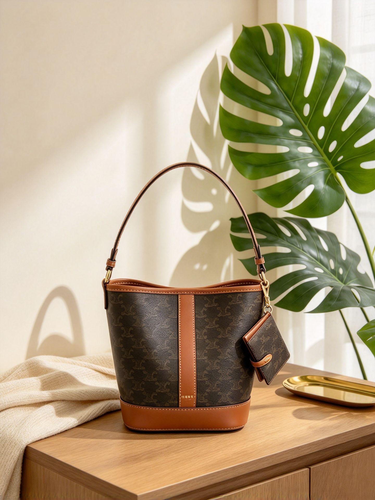 Celine Triomphe Small Arc de Triomphe Floral Bucket Bag Honey Brown Crossbody Shoulder Includes Same Series Card Holder 图 3
