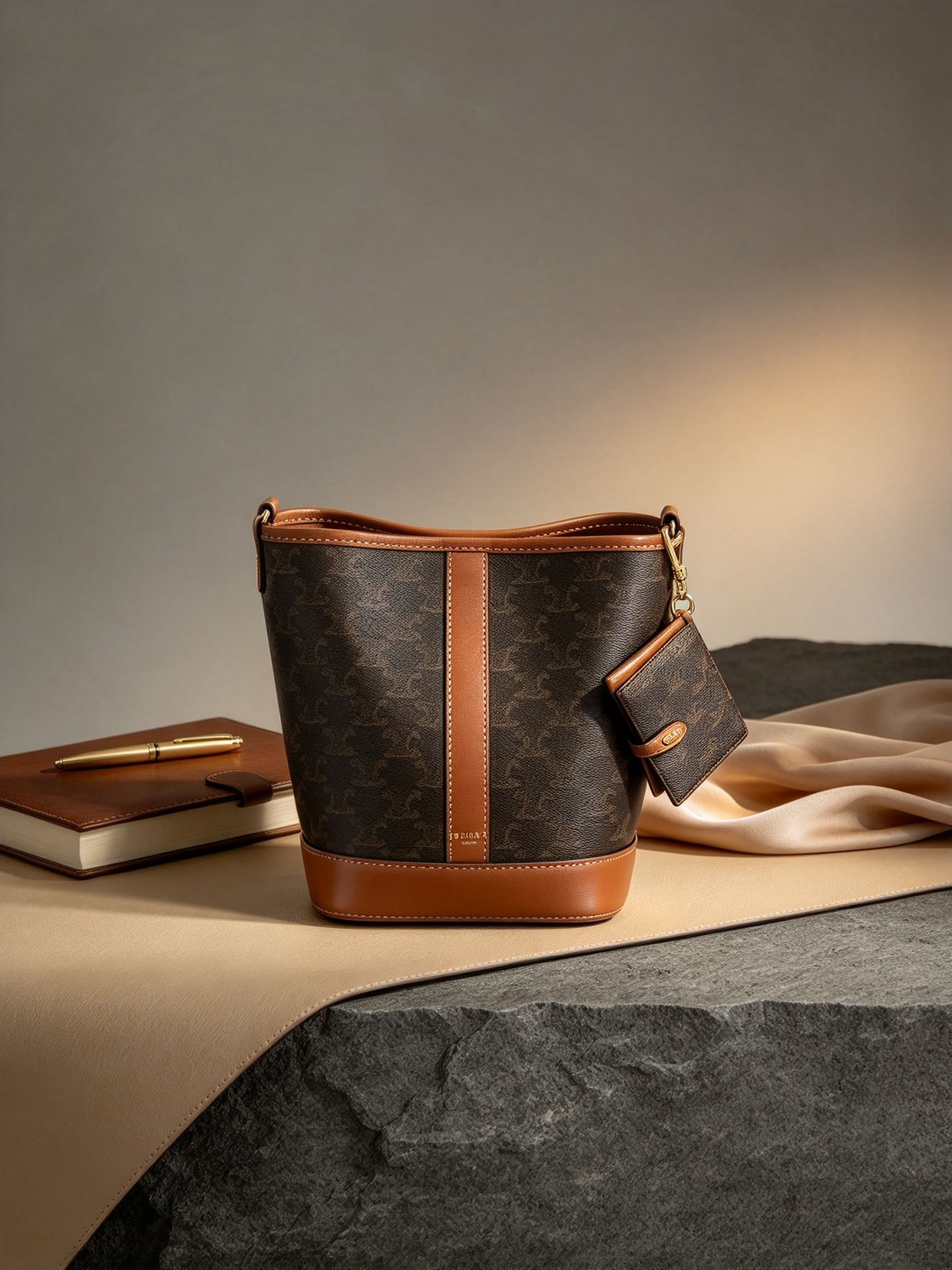 Celine Triomphe Small Arc de Triomphe Floral Bucket Bag Honey Brown Crossbody Shoulder Includes Same Series Card Holder 图 4