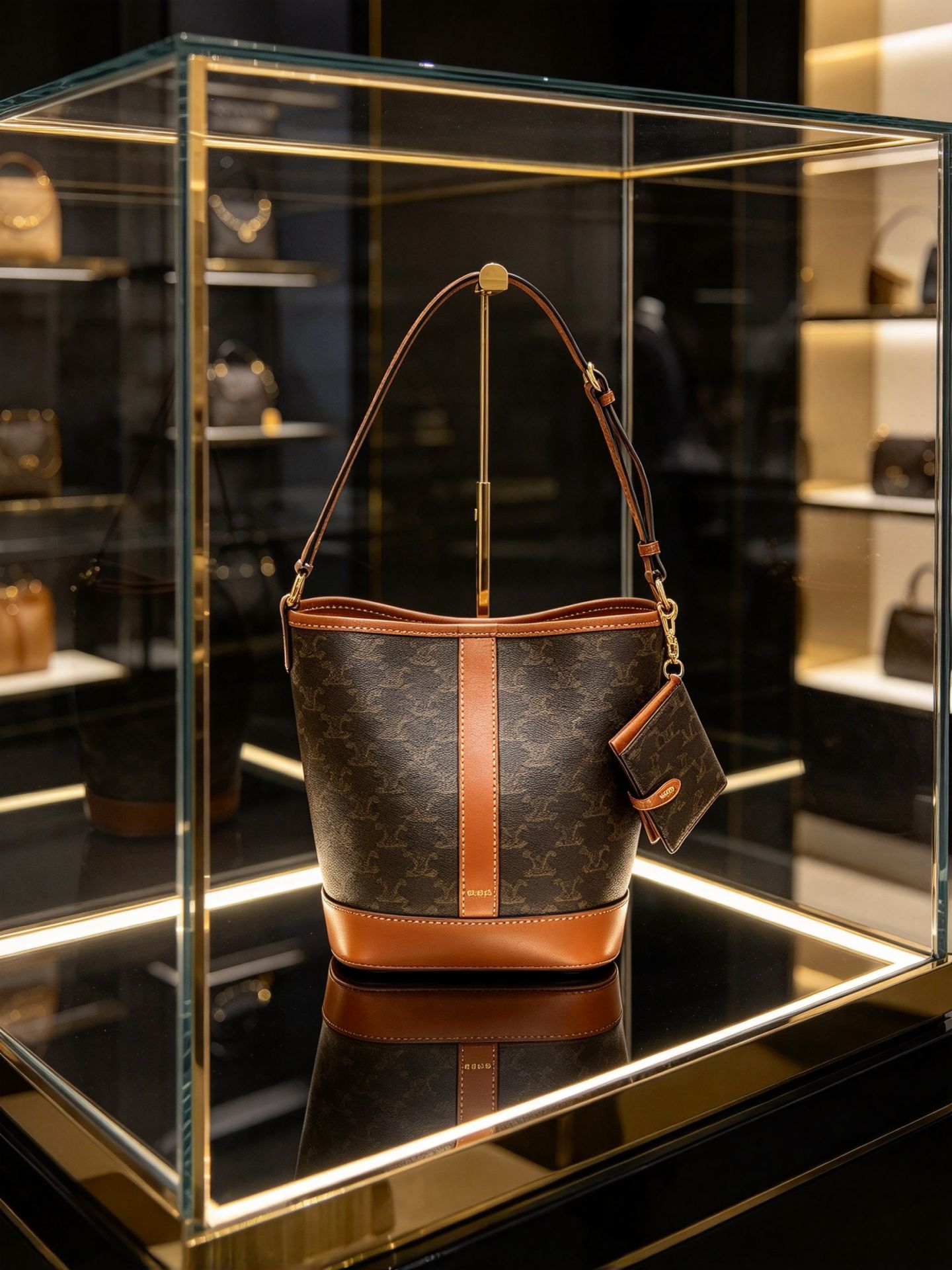 Celine Triomphe Small Arc de Triomphe Floral Bucket Bag Honey Brown Crossbody Shoulder Includes Same Series Card Holder