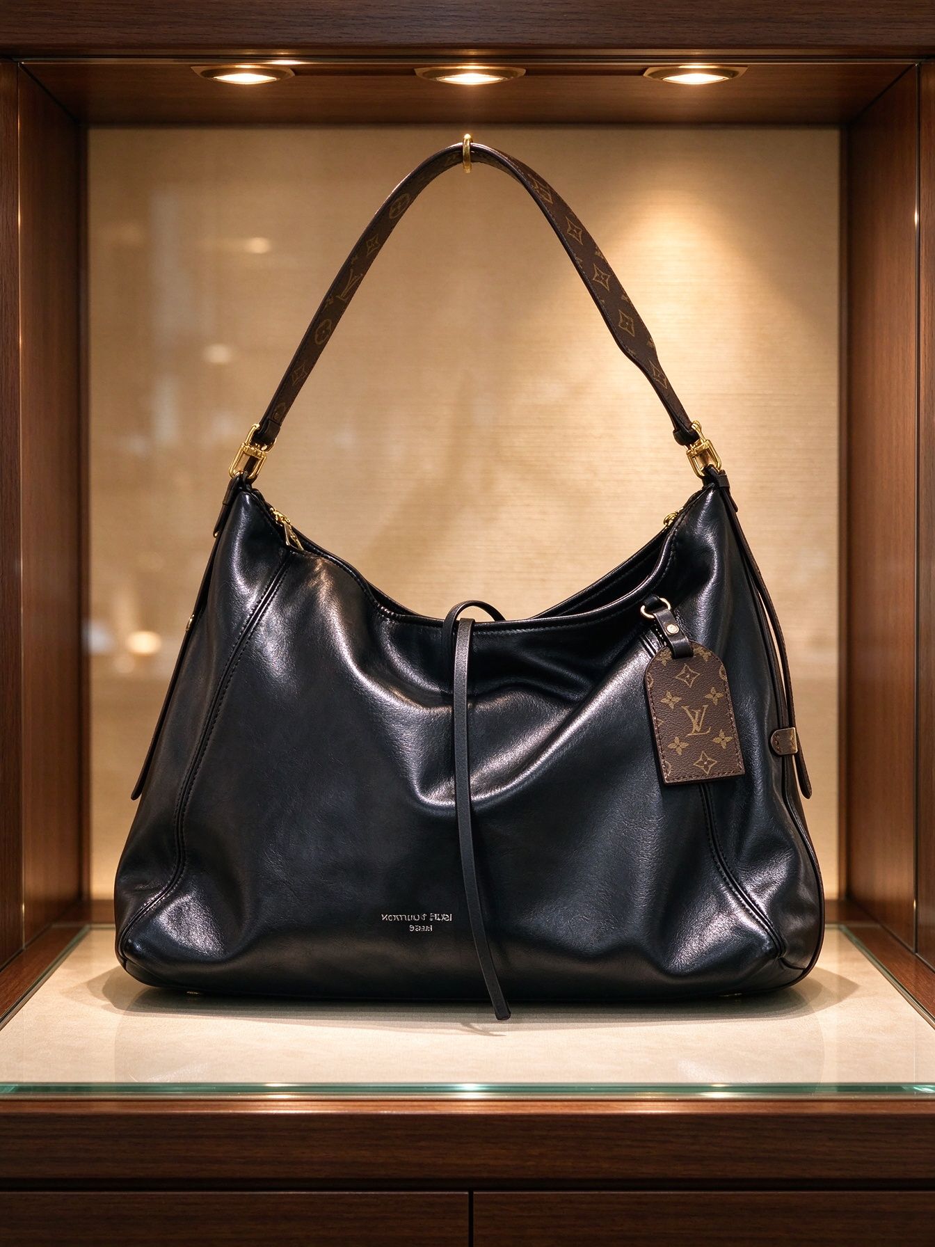 LV Louis Vuitton Black Glossy Soft Leather Hobo Tote Bag Floral Wide Shoulder Strap Large Capacity Shoulder Underarm Bag 图 5