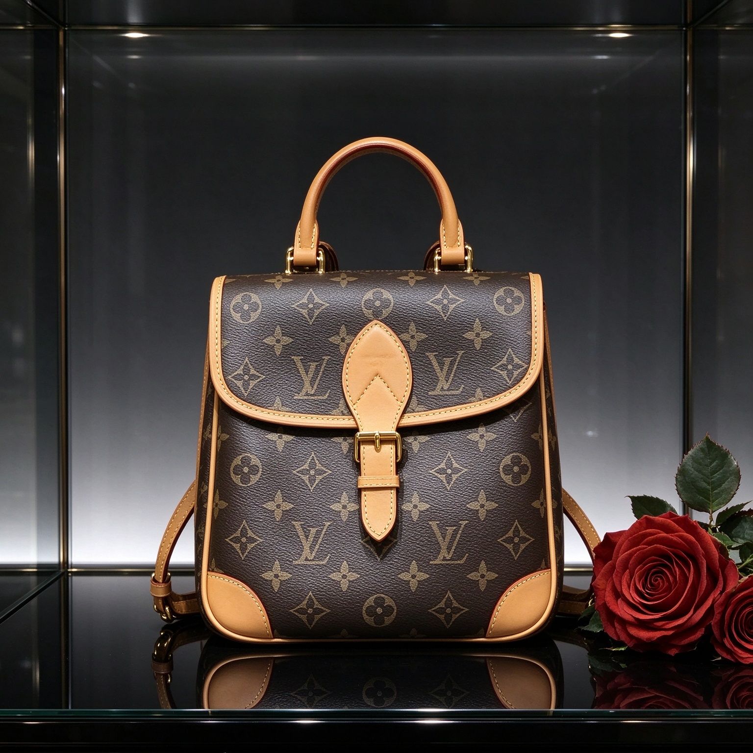 LV Louis Vuitton Monogram Flap Backpack Vintage Vegetable Tanned Leather Handbag Mini Backpack for Women 图 2