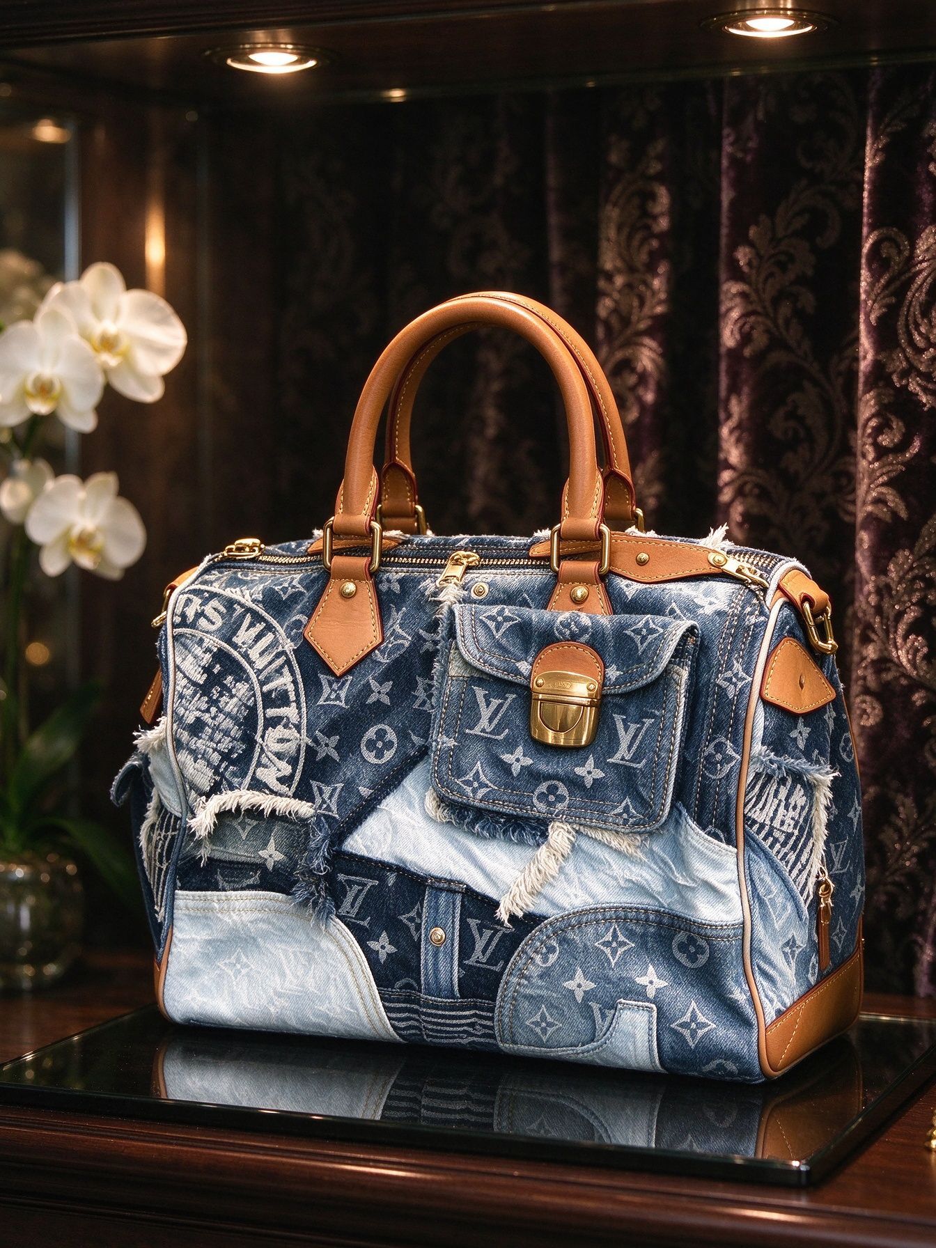 LV Louis Vuitton Denim Stitching Presbyopia Boston Bag Making Old Ruffled Denim Quilted Tote Travel Bag
