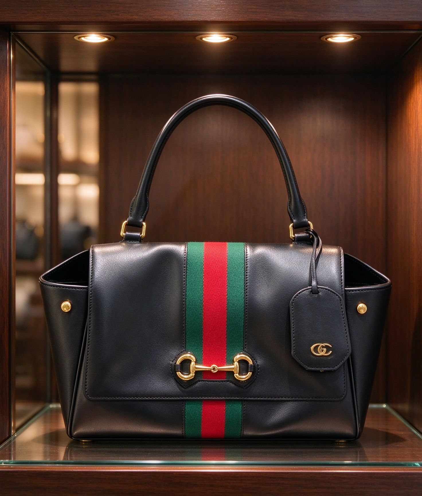 Gucci Horsebit Black Full Pitot Classic Red & Green Woven Strap High Capacity Shoulder Handbag