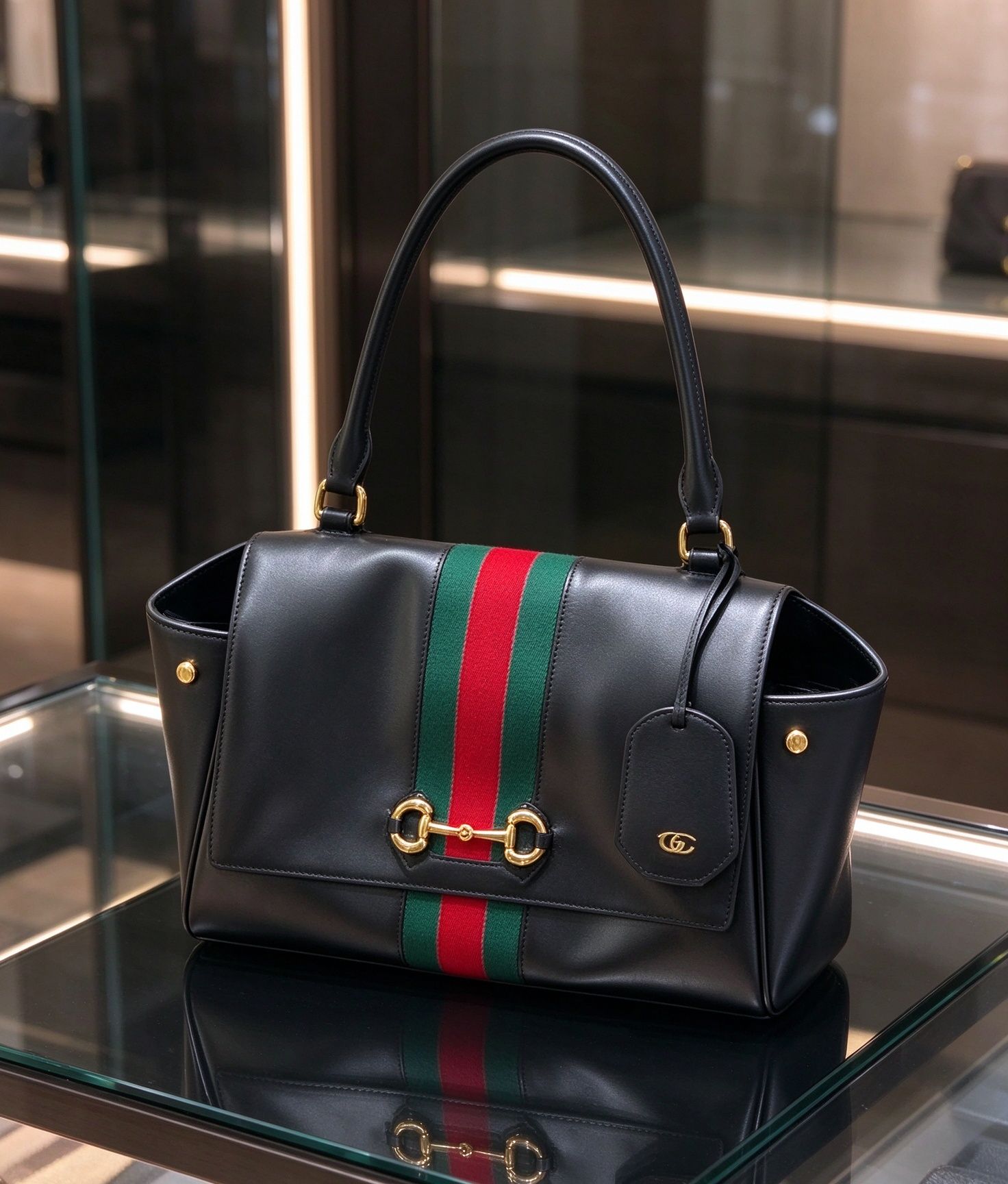 GUCCI Gucci  Horsebit Móc khóa ngựa màu đen đầy đủ túi tote than bùn Túi xách vai công suất cao dệt màu đỏ và xanh lá cây cổ điển 图 2