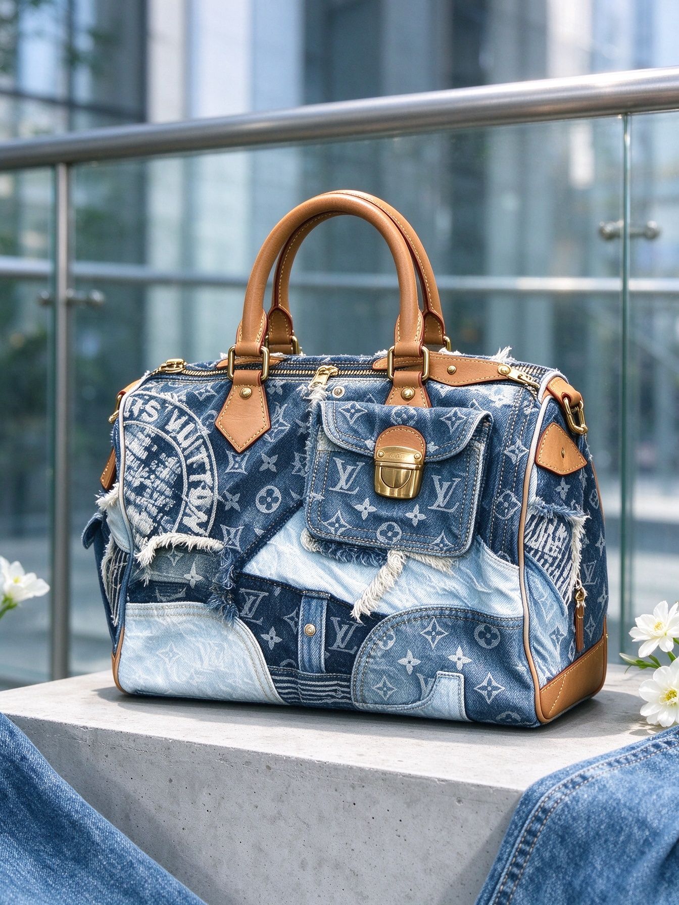 LV Louis Vuitton Tas Boston Pola Sambungan Denim Tas Patch Denim Kerut Antik 图 5