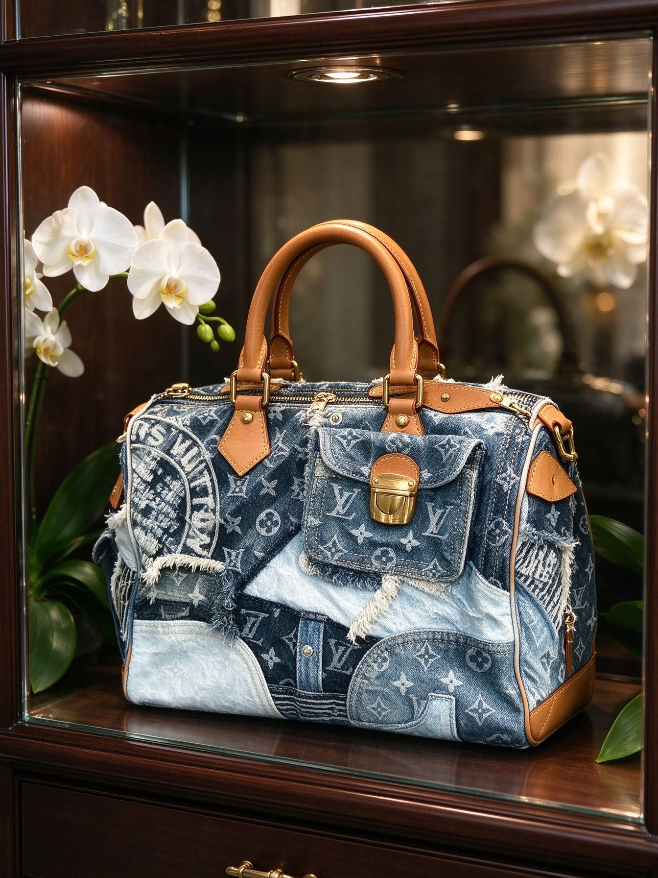 LV Louis Vuitton Tas Boston Pola Sambungan Denim Tas Patch Denim Kerut Antik 图 4
