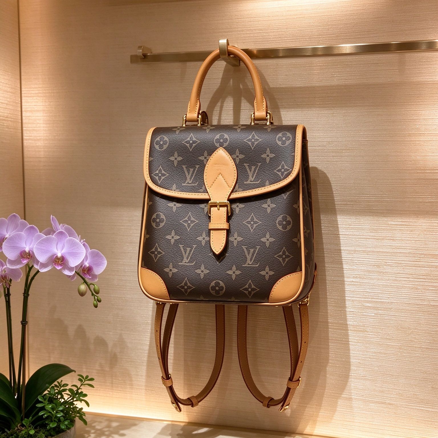 LV Louis Vuitton Monogram Flap Backpack Vintage Vegetable Tanned Leather Handbag Mini Backpack for Women 图 3