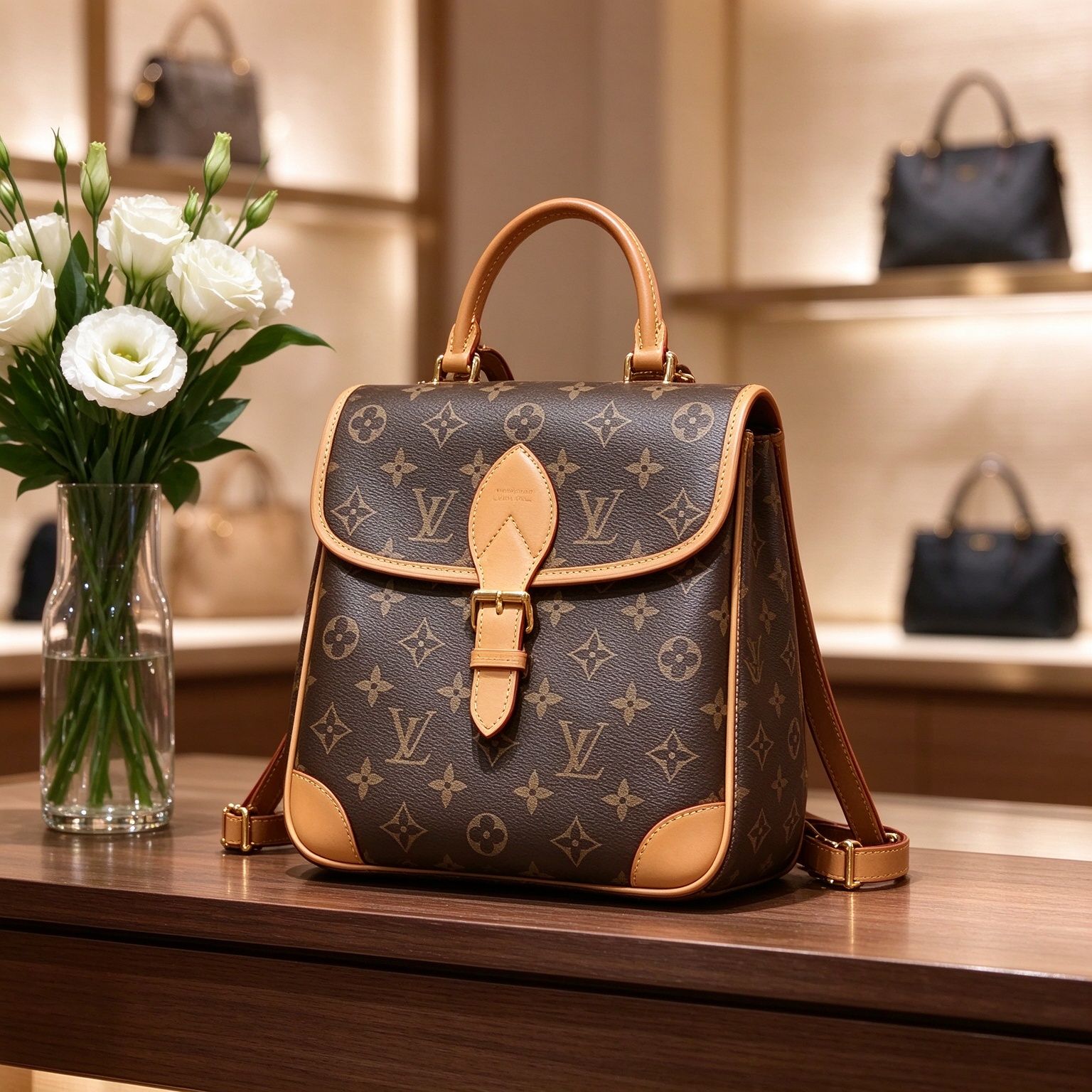 LV Louis Vuitton Monogram Flap Backpack Vintage Vegetable Tanned Leather Handbag Mini Backpack for Women