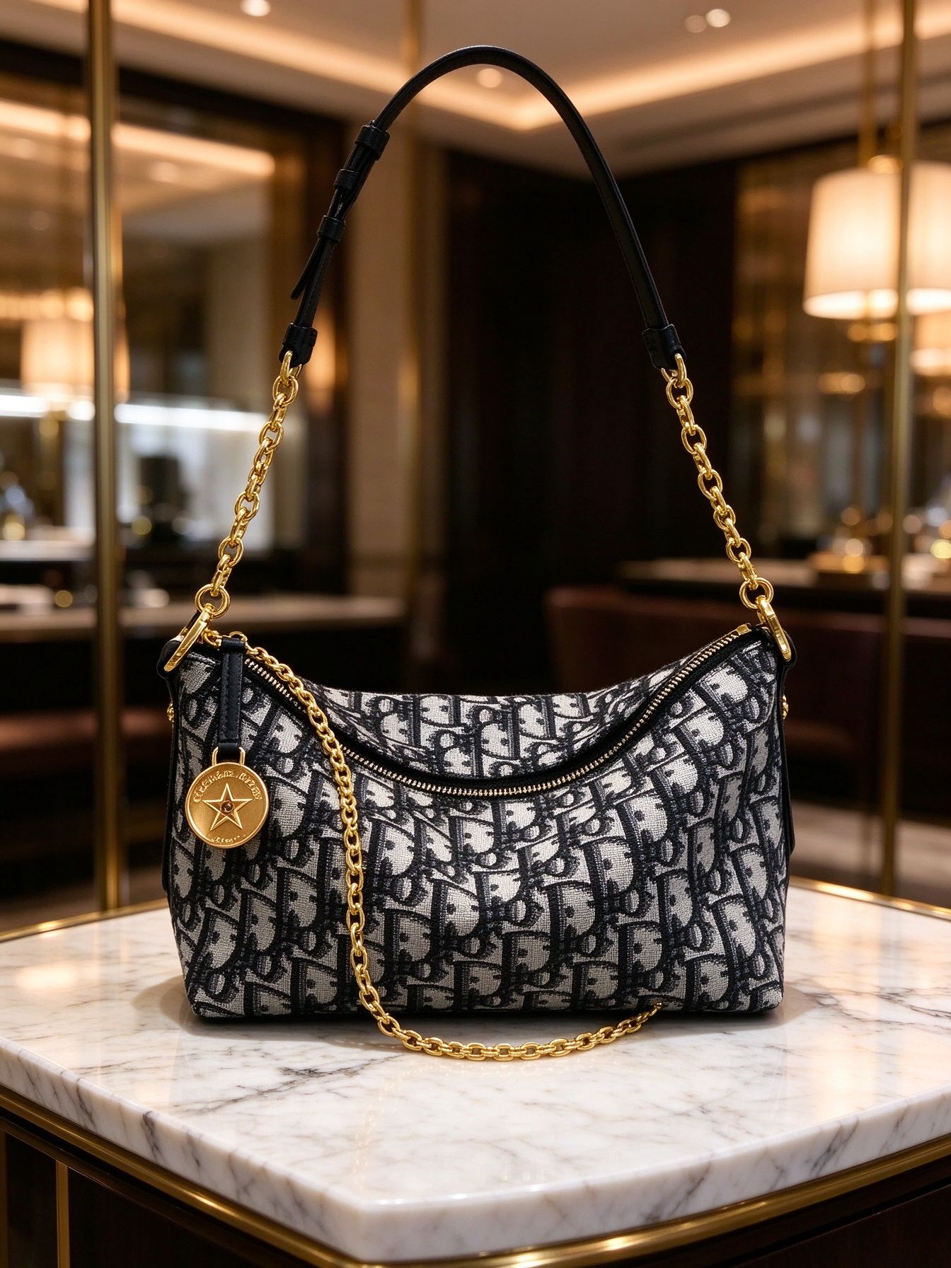 Dior Dior Diorstar Hobo Black Grey Oblique Floral Chain Armpit Bag Shoulder Crossbody Women's Bag 图 3