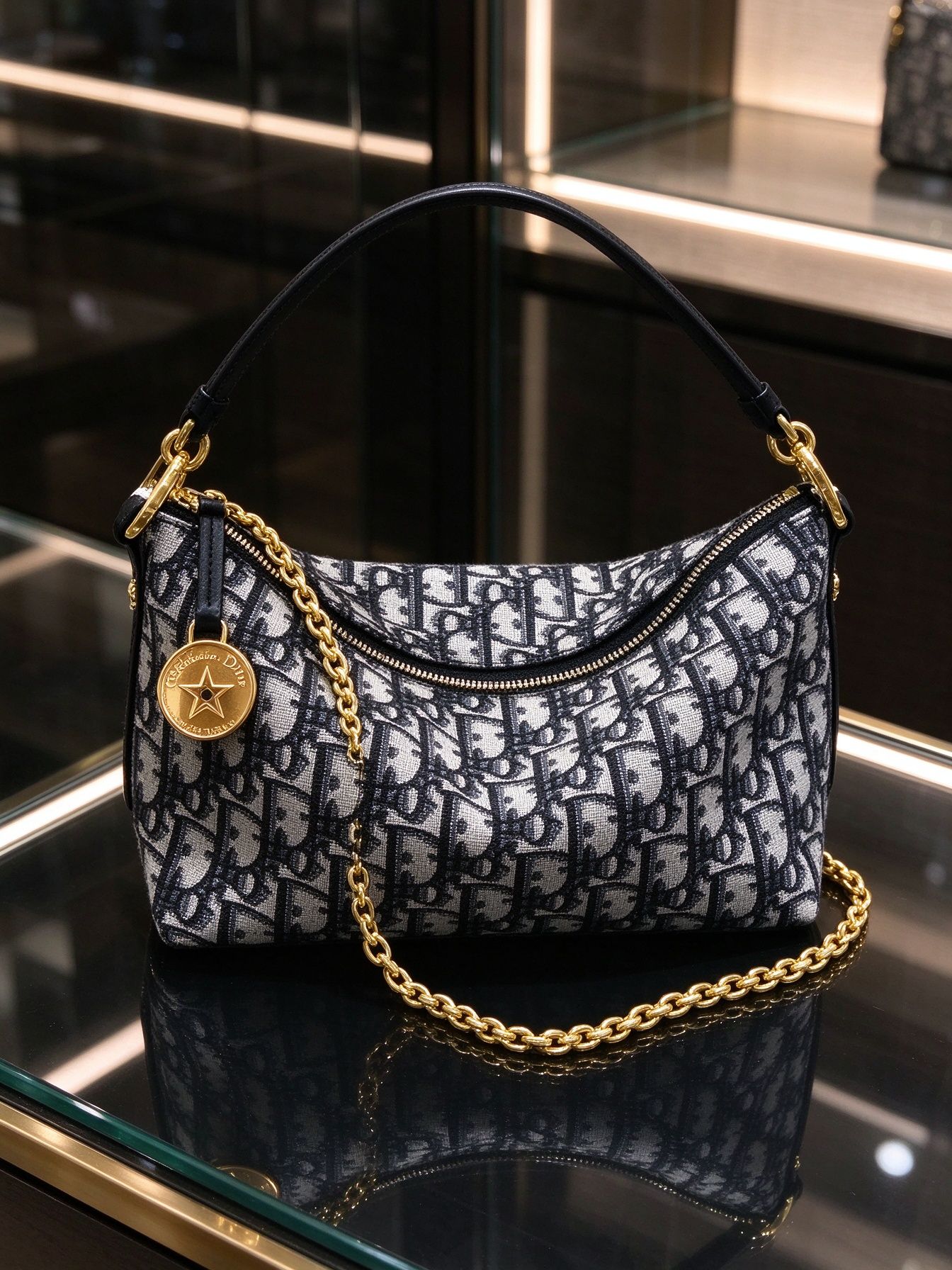 Dior Dior Diorstar Hobo Black Grey Oblique Floral Chain Armpit Bag Shoulder Crossbody Women's Bag