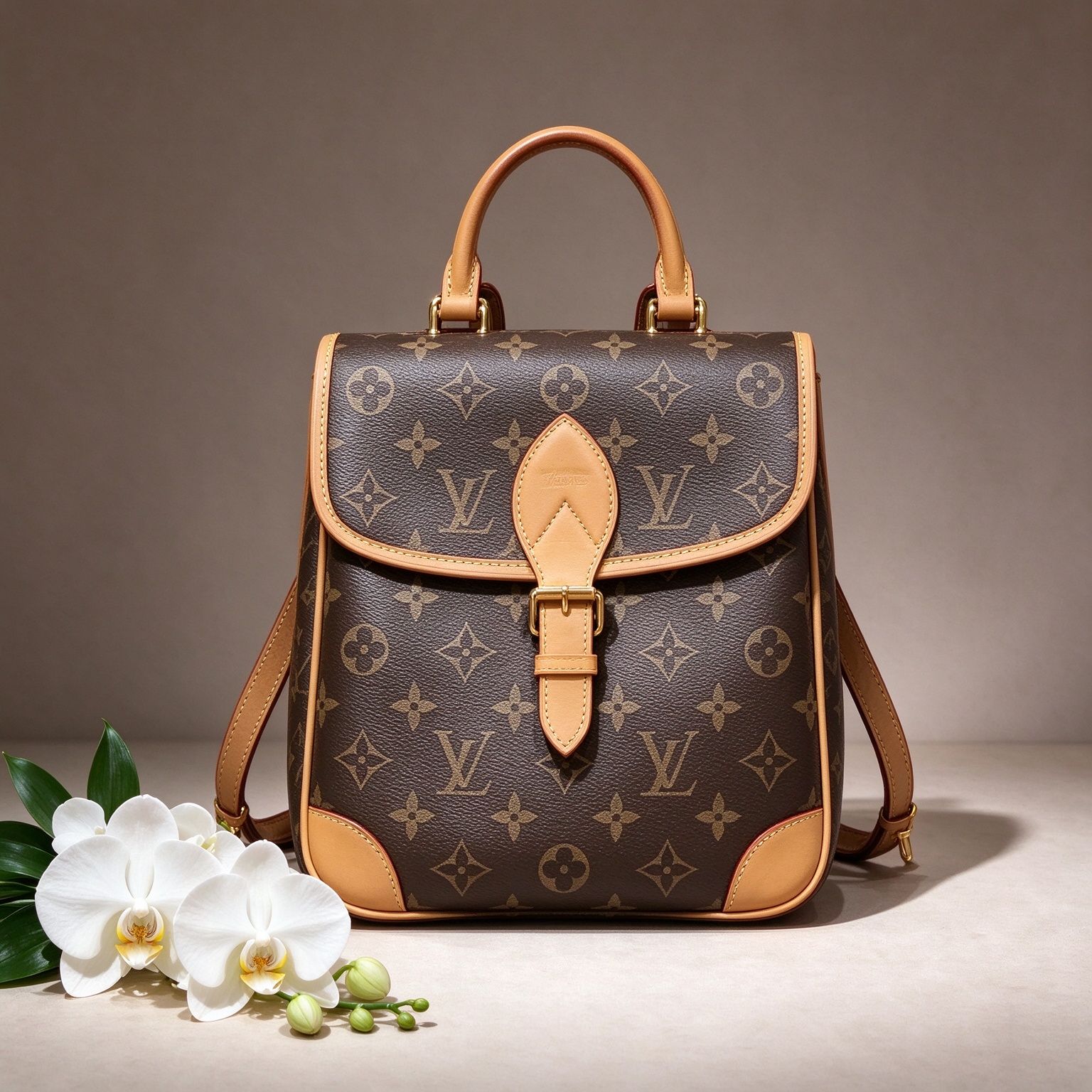 LV Louis Vuitton Monogram Flap Backpack Vintage Vegetable Tanned Leather Handbag Mini Backpack for Women
