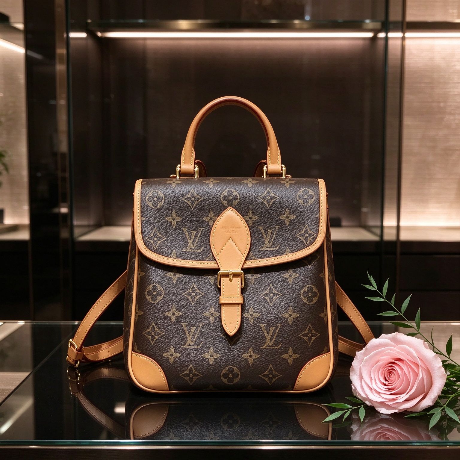 LV Louis Vuitton Monogram Flap Backpack Vintage Vegetable Tanned Leather Handbag Mini Backpack for Women 图 4