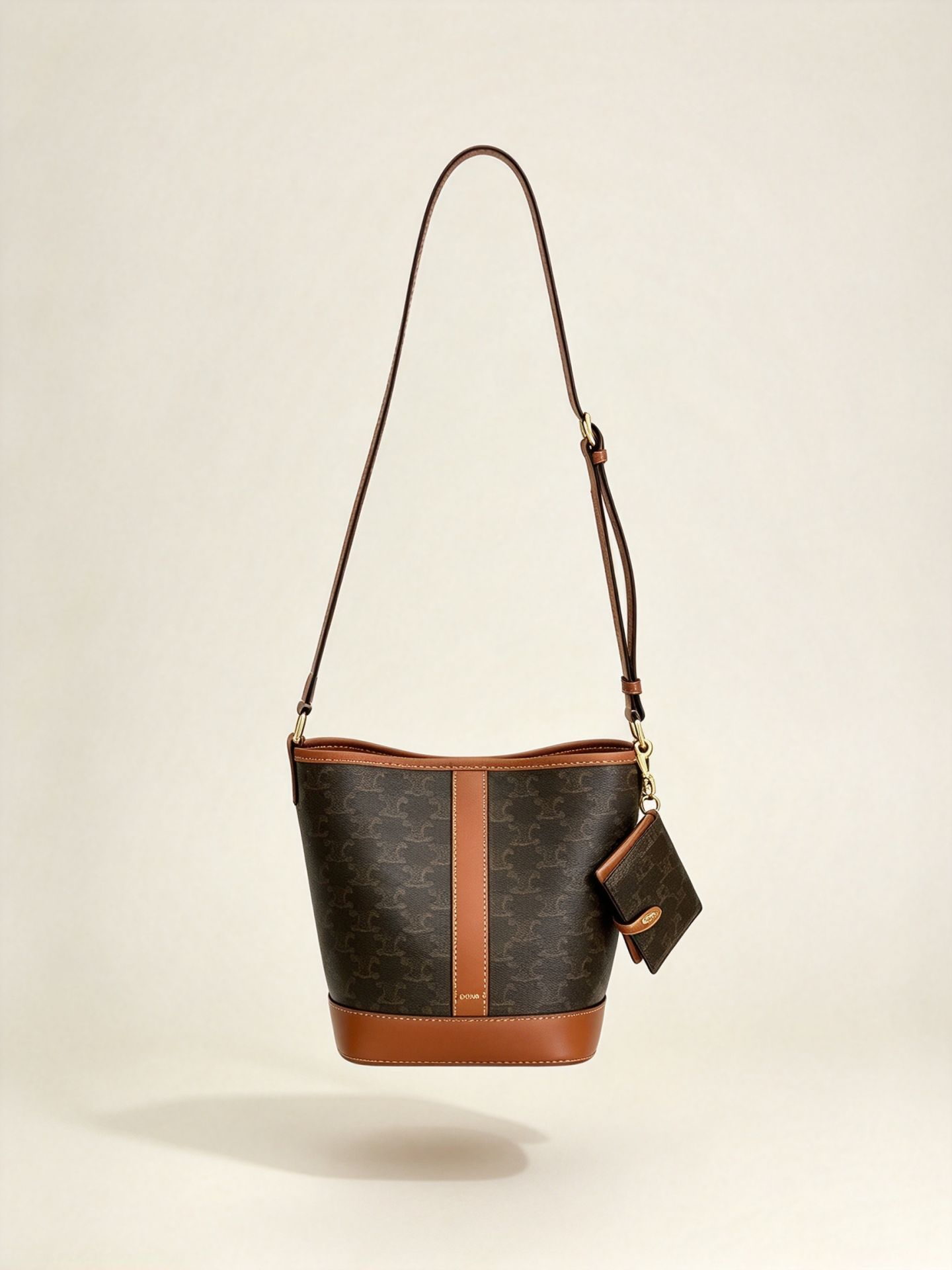 Celine Triomphe Small Arc de Triomphe Floral Bucket Bag Honey Brown Crossbody Shoulder Includes Same Series Card Holder