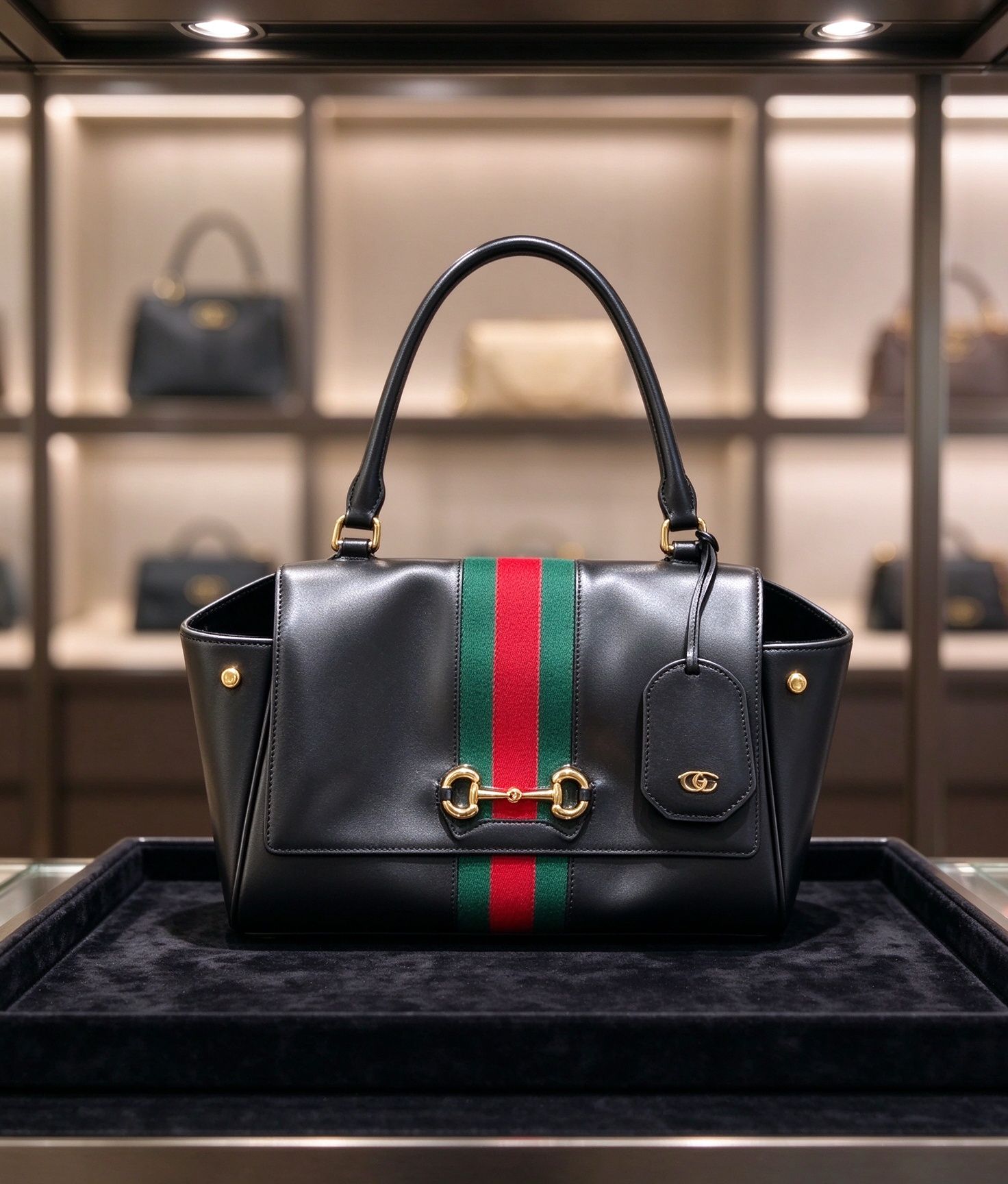 GUCCI Gucci  Horsebit Móc khóa ngựa màu đen đầy đủ túi tote than bùn Túi xách vai công suất cao dệt màu đỏ và xanh lá cây cổ điển 图 3