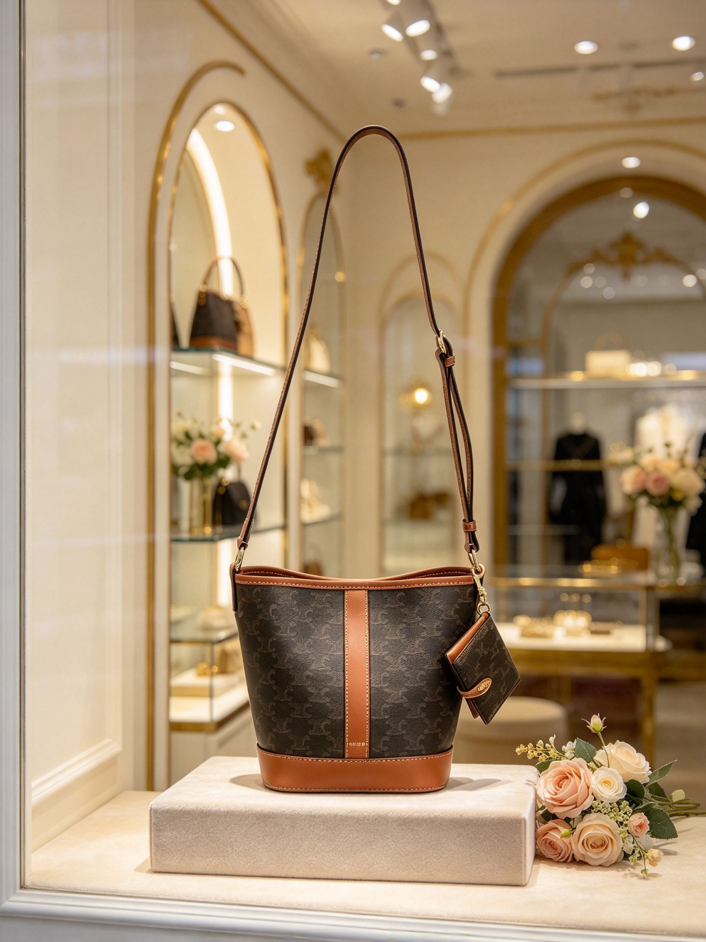 Celine Triomphe Small Arc de Triomphe Floral Bucket Bag Honey Brown Crossbody Shoulder Includes Same Series Card Holder 图 2