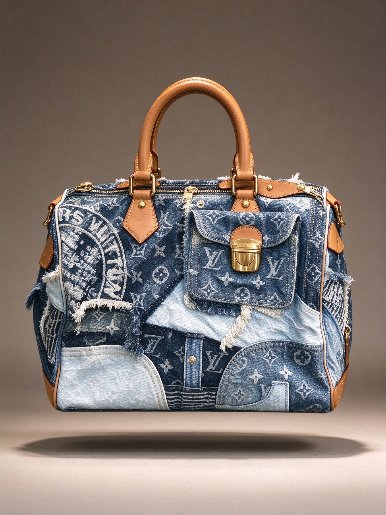LV Louis Vuitton Tas Boston Pola Sambungan Denim Tas Patch Denim Kerut Antik 图 2