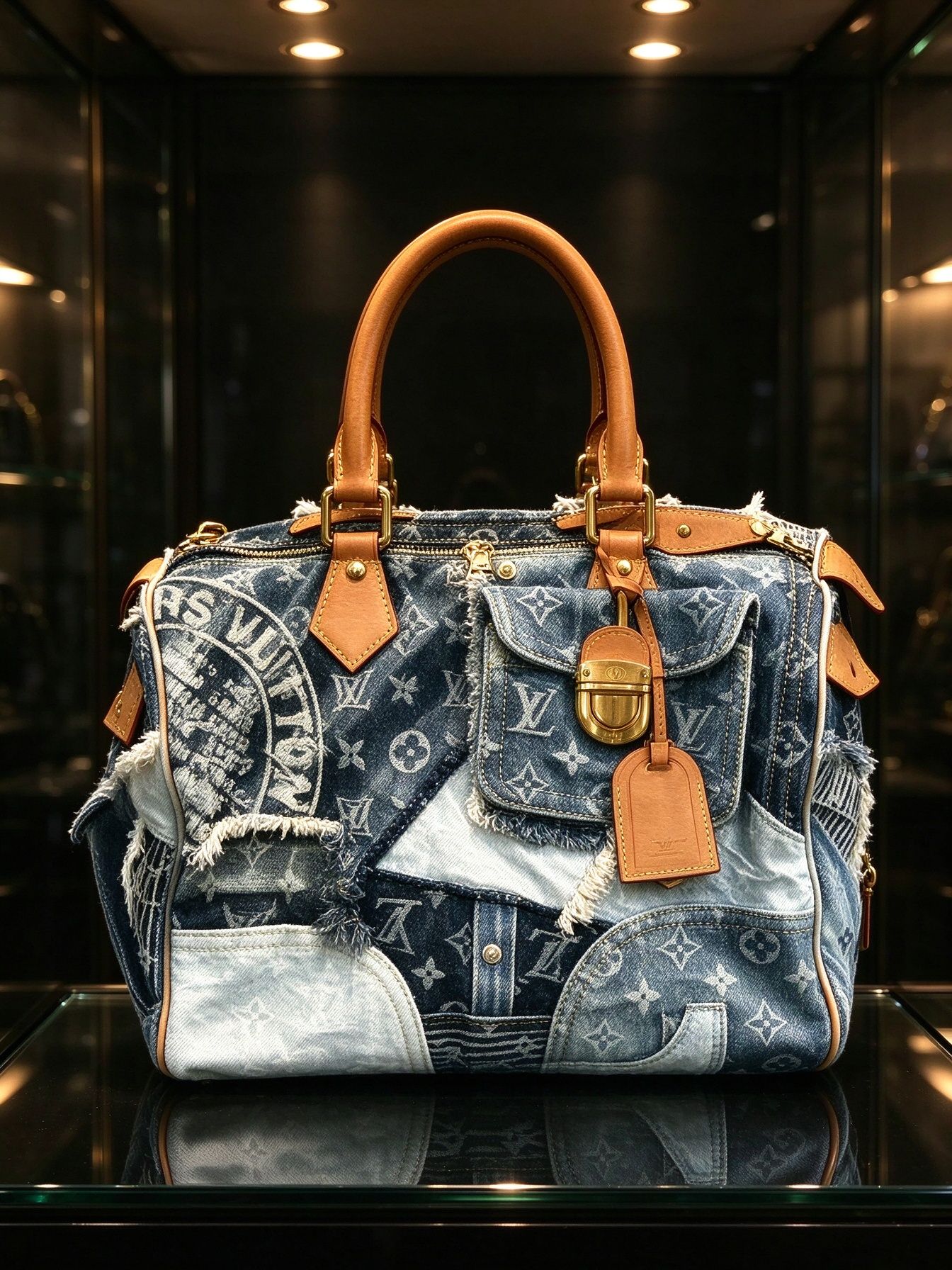 LV Louis Vuitton Tas Boston Pola Sambungan Denim Tas Patch Denim Kerut Antik 图 3