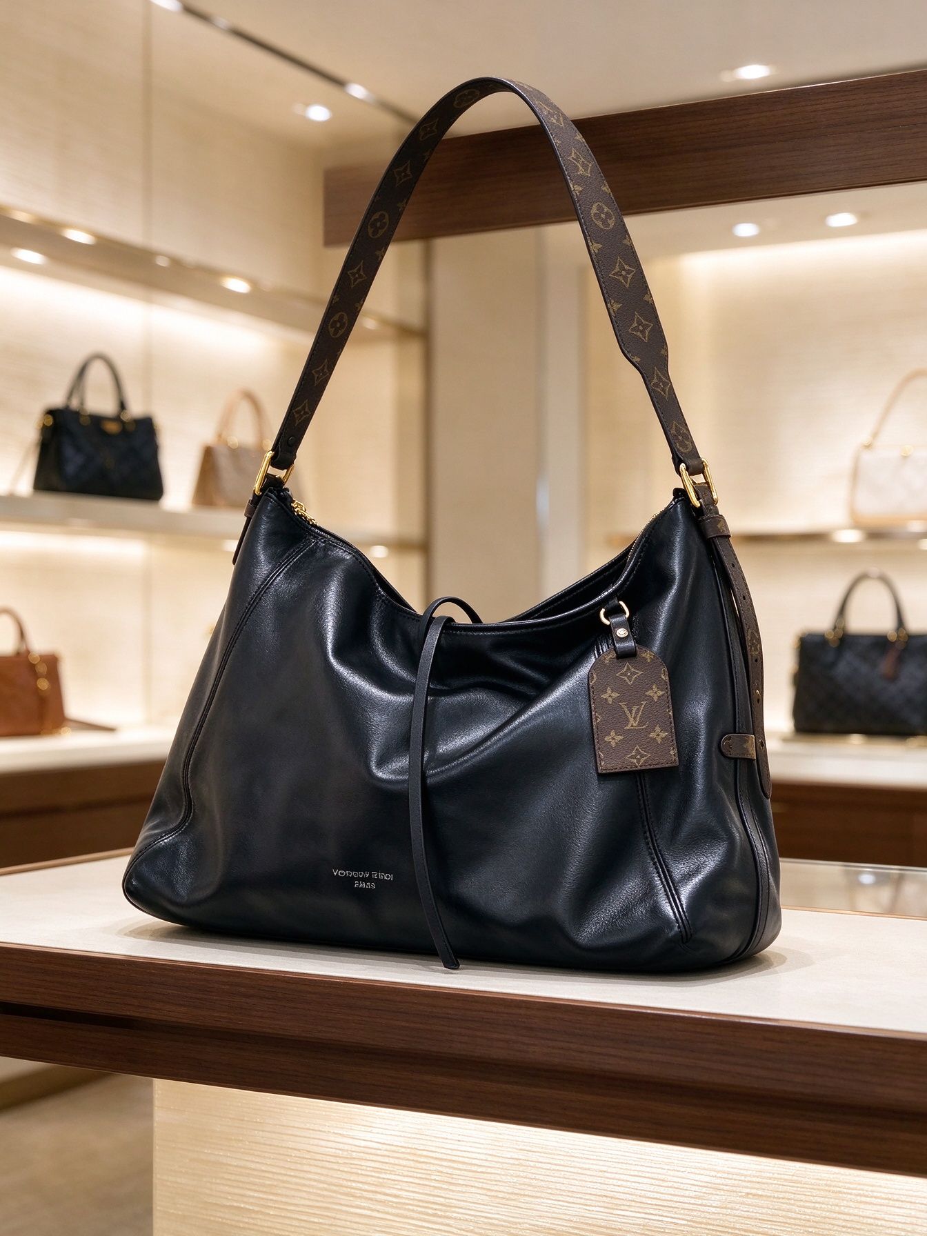 LV Louis Vuitton Black Glossy Soft Leather Hobo Tote Bag Floral Wide Shoulder Strap Large Capacity Shoulder Underarm Bag