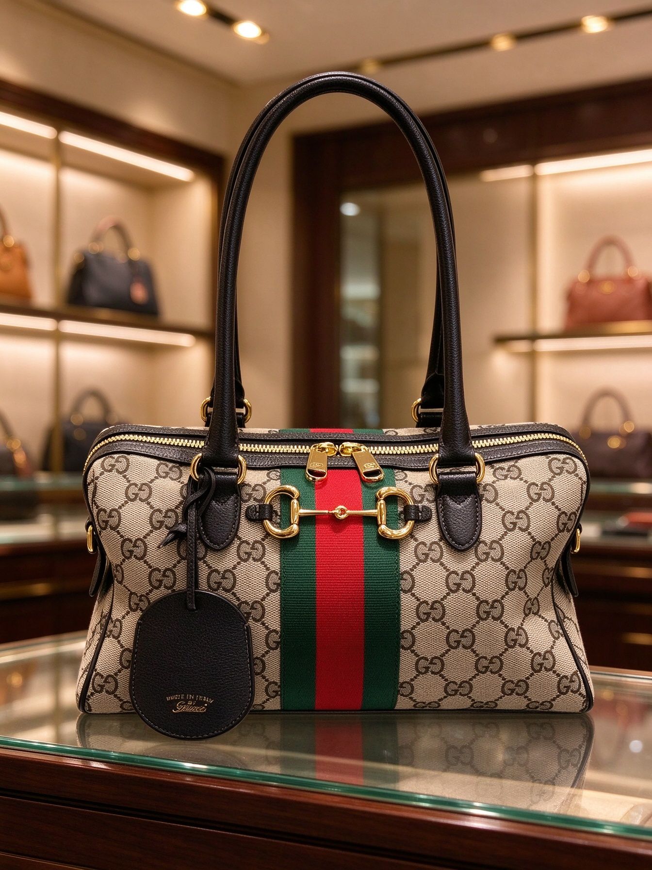 Gucci Borsetto Medium Boston bag GG Pegasus buckle red and green band handbag