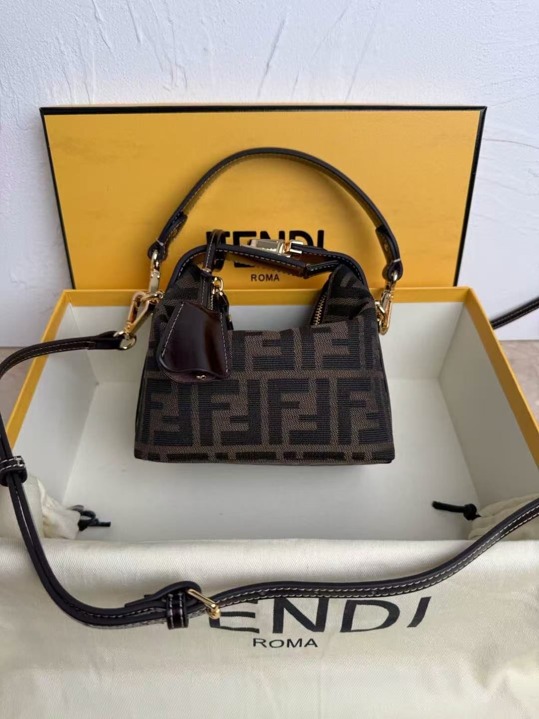 FF Jacquard Mini Roll Handbag, Vintage FF Pattern Canvas with Leather Trim, Adjustable Strap Crossbody Bag for Women