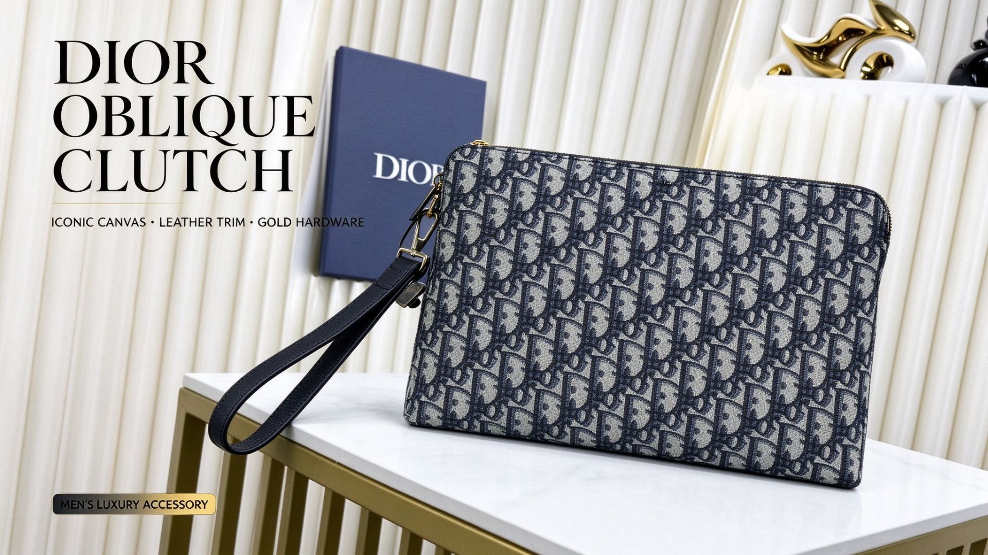 Dior Oblique Jacquard Clutch Bag, Kantong Ritsleting Bisnis Kapasitas Besar dengan Tali Pergelangan Tangan