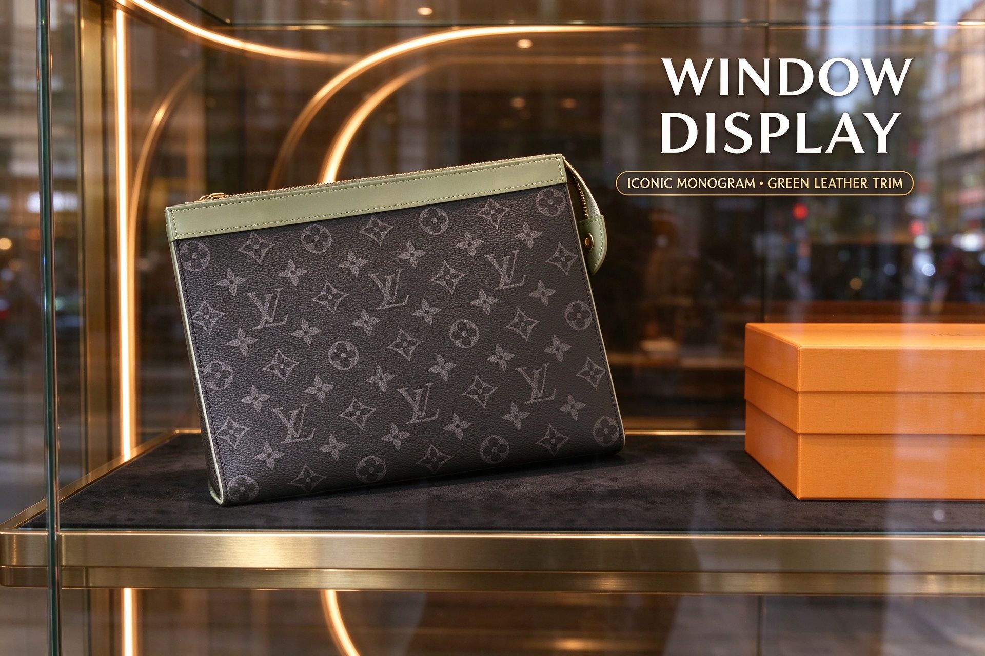 Louis Vuitton Monogram Clutch Bag, Light Green Leather Trim, Large Capacity Business Zipper Pouch 图 2