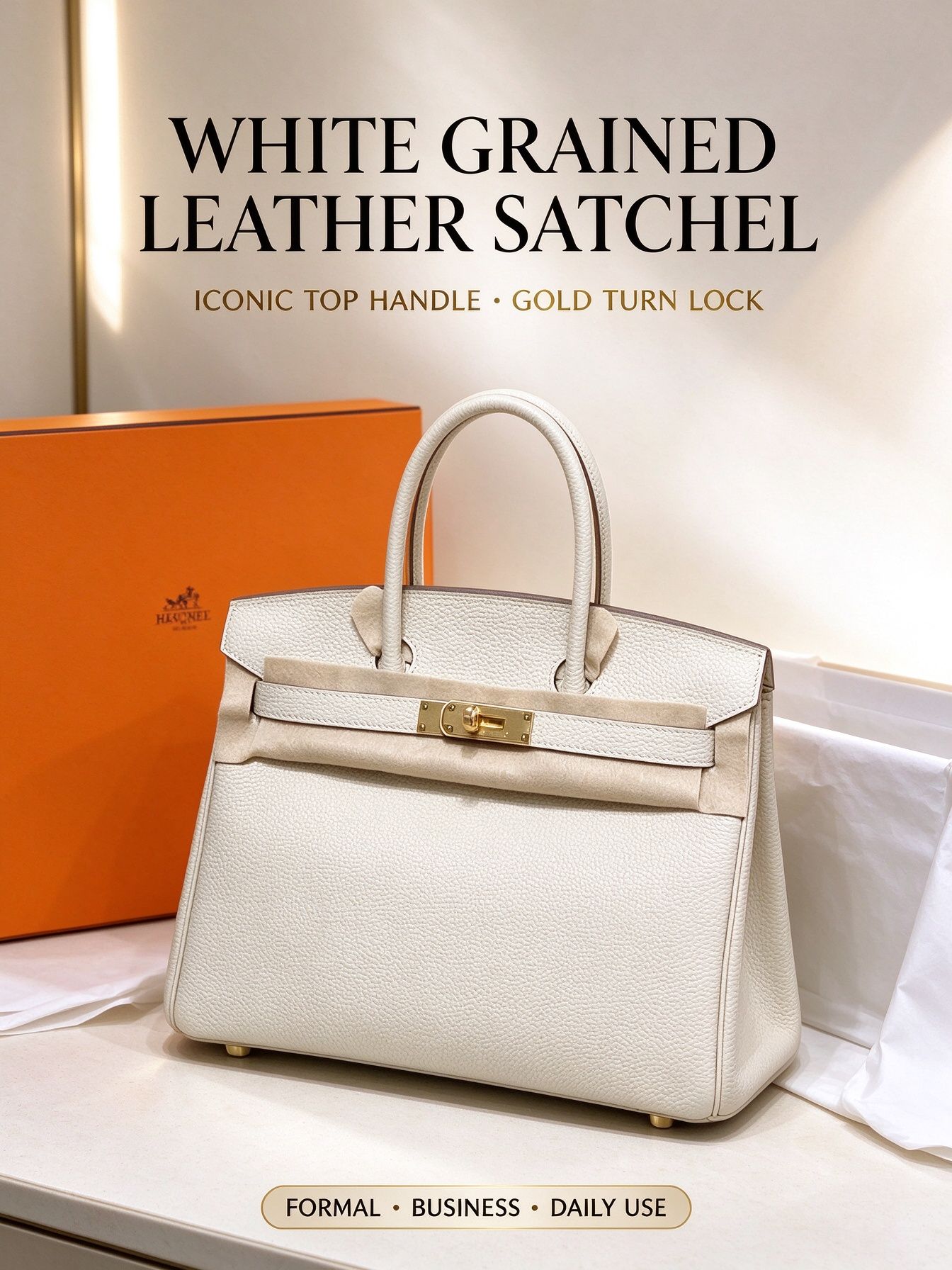 Birkin30 Handbag, Cream White Togo Calfskin with Gold Hardware, Classic Large Capacity Women Top Handle Bag
