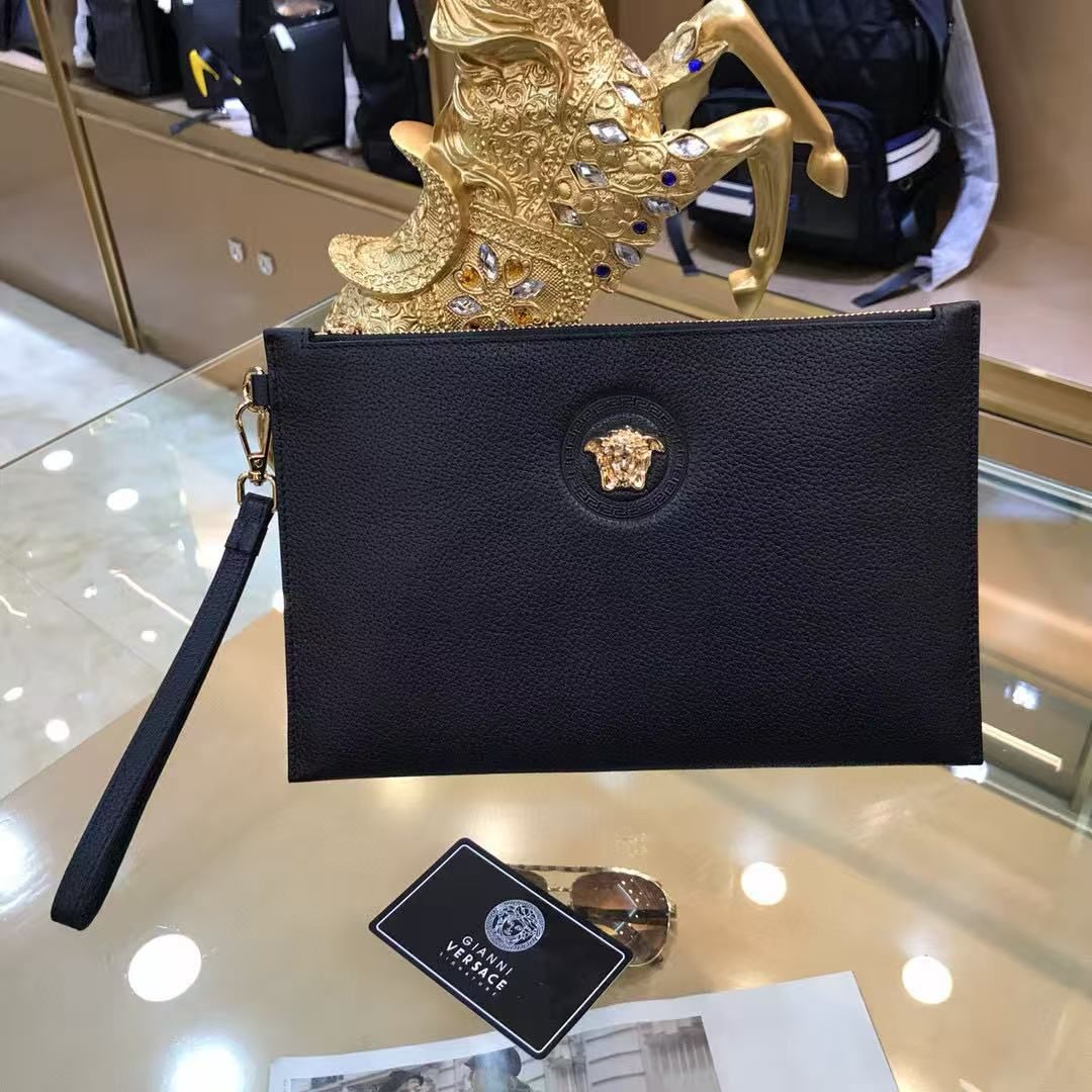 Versace Men Clutch Bag, Black Grain Leather with Gold Medusa Head, Large Capacity Business Hand Pouch