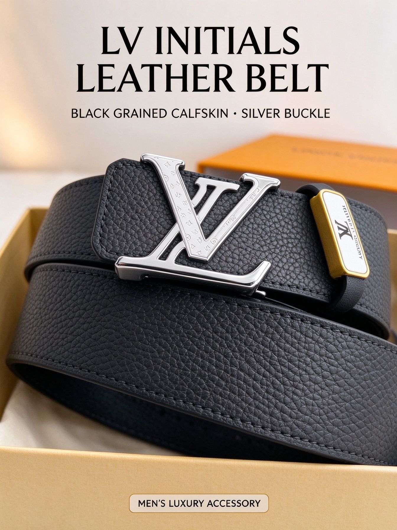 LV Initiales Men Belt, Black Taurillon Leather with Silver LV Buckle, Business Casual Reversible Waist Strap