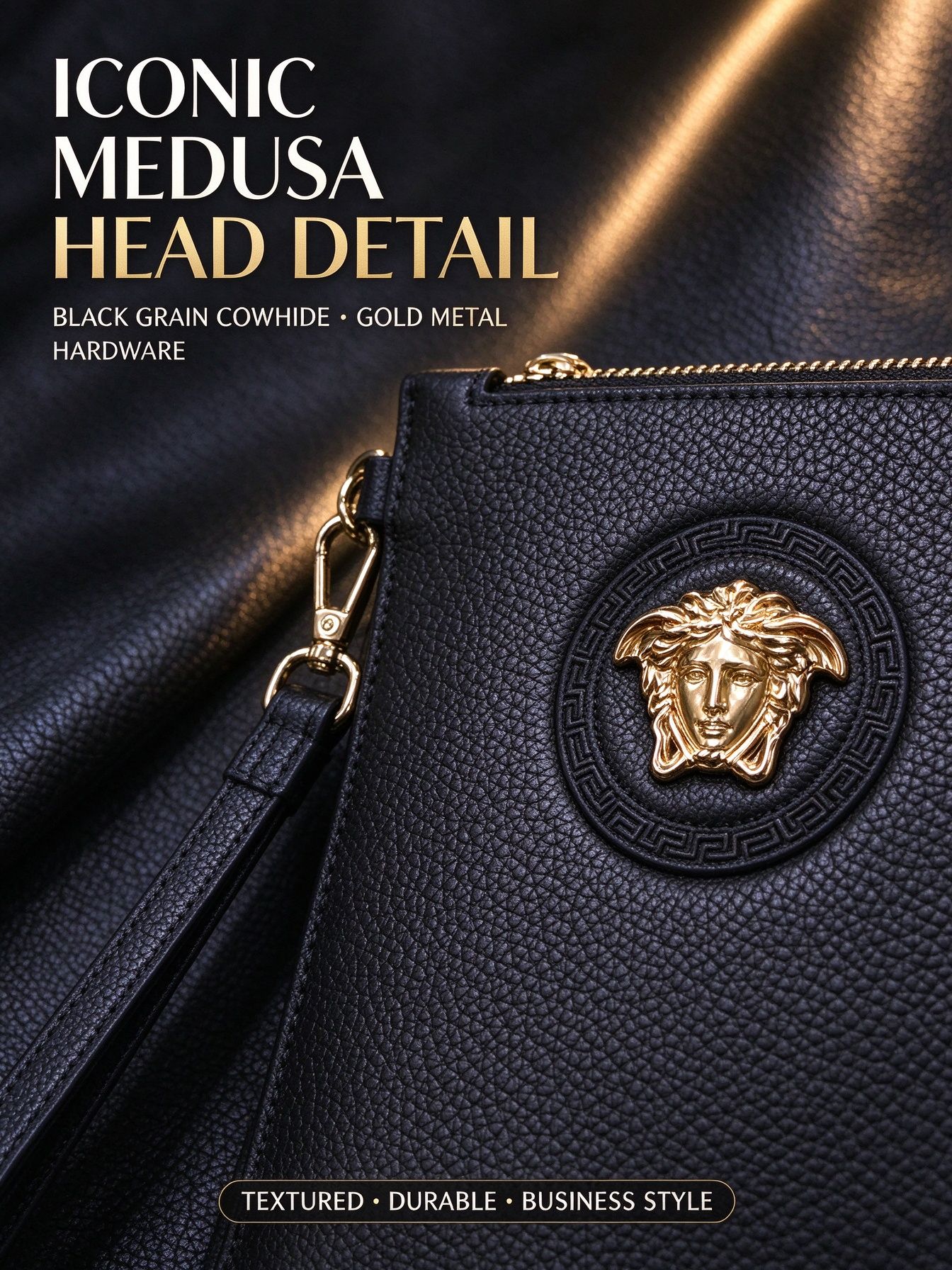 Versace Men Clutch Bag, Black Grain Leather with Gold Medusa Head, Large Capacity Business Hand Pouch 图 6