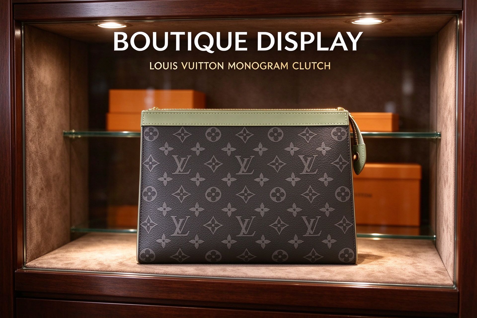 Louis Vuitton Monogram Clutch Bag, Light Green Leather Trim, Large Capacity Business Zipper Pouch