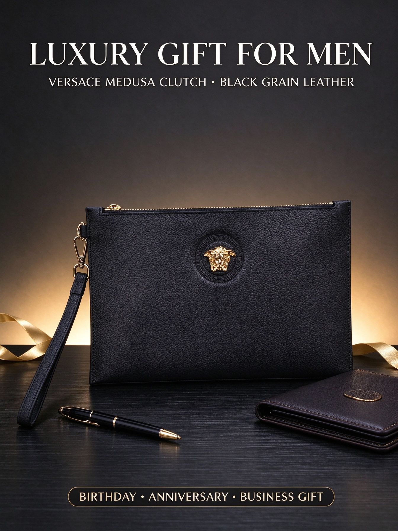 Versace Men Clutch Bag, Black Grain Leather with Gold Medusa Head, Large Capacity Business Hand Pouch 图 5