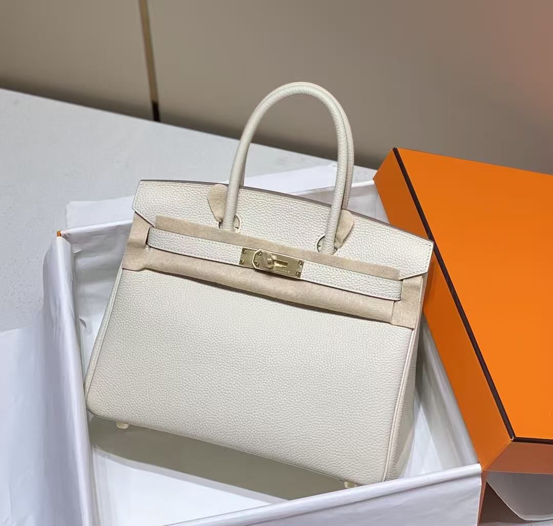 Birkin30 Handbag, Cream White Togo Calfskin with Gold Hardware, Classic Large Capacity Women Top Handle Bag