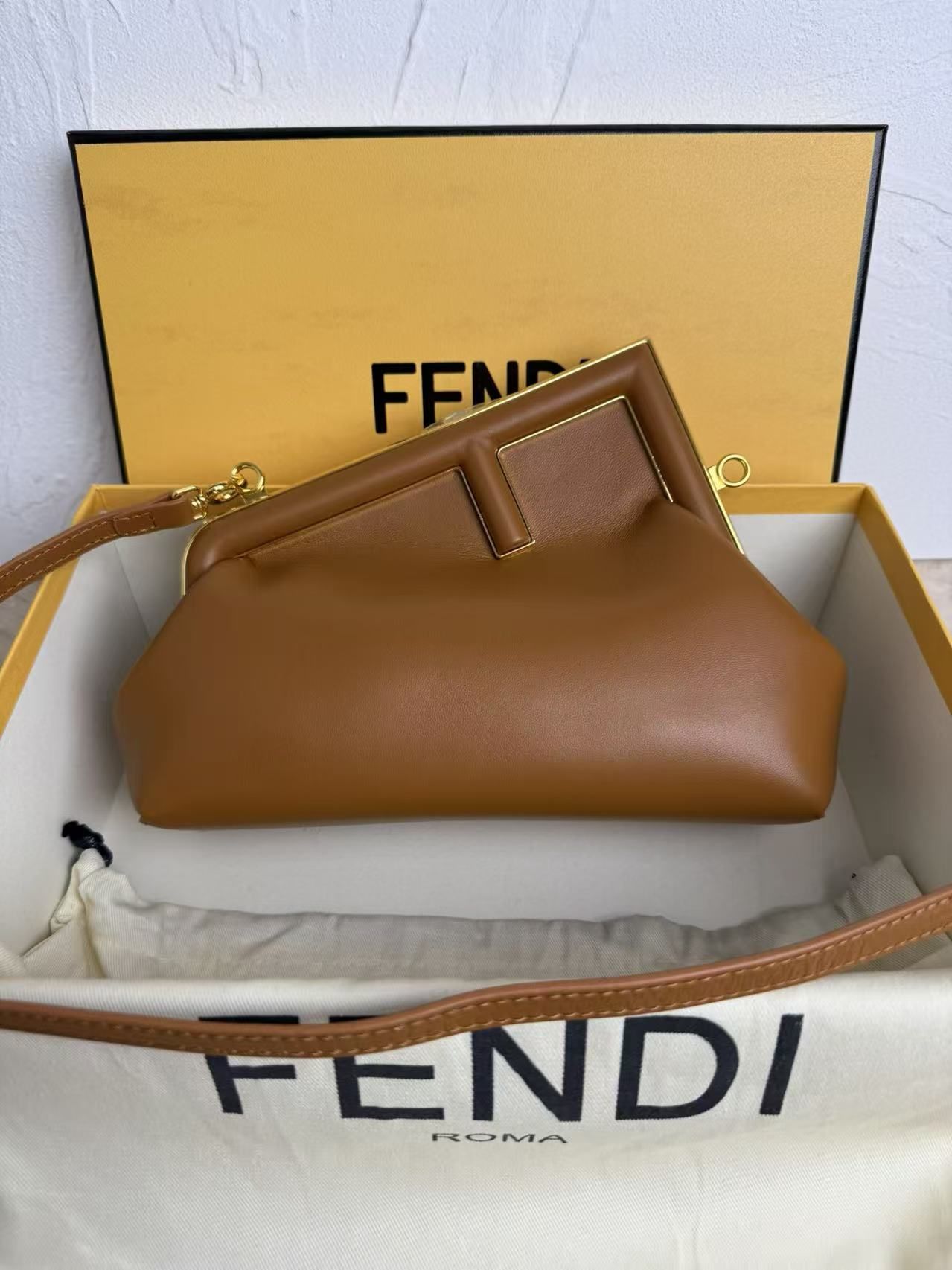 F First Small Soft Leather Clutch Bag, Iconic F Metal Lock, Nappa Leather Crossbody Bag for Women, Removable Shoulder Strap