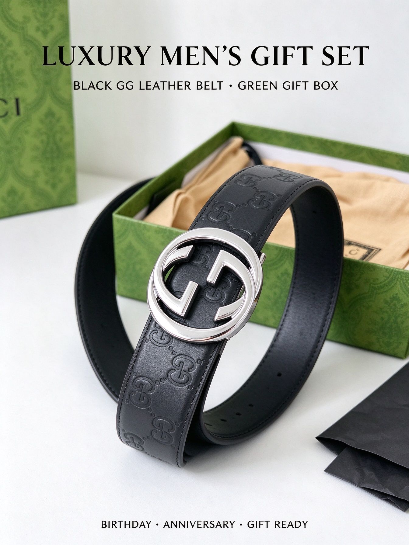Sabuk Pria Gucci, Kulit GG Timbul Hitam dengan Gesper G Saling Perak, Tali Pinggang Kasual Bisnis 图 3