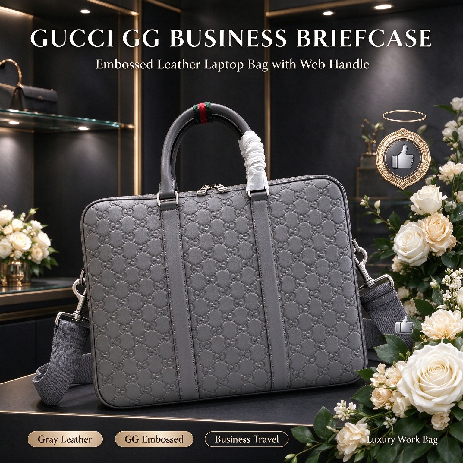 Gucci Grey GG Embossed Briefcase, Men Handheld Business Laptop Bag